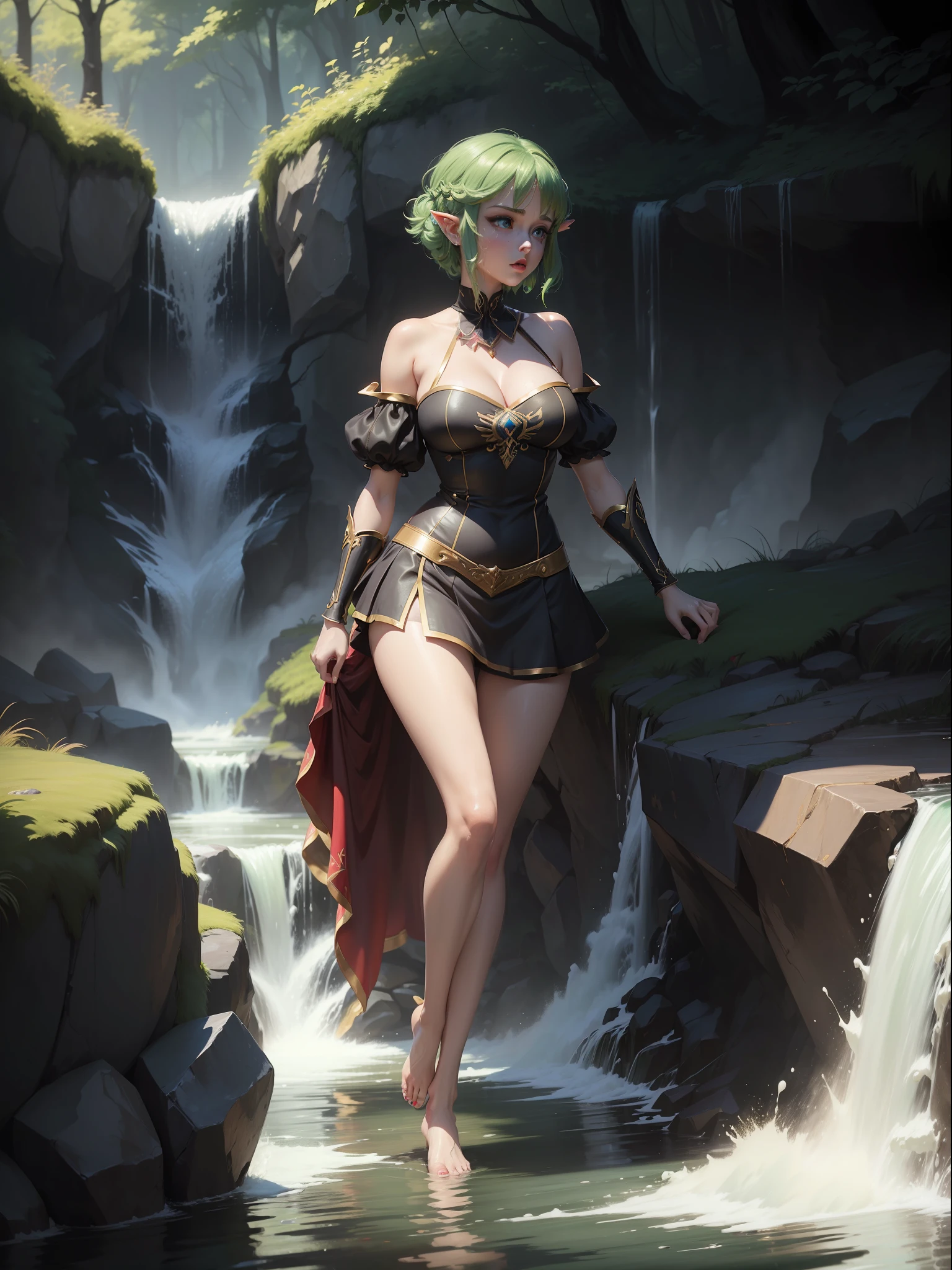 ((full-body photo, feet on the ground, front view)). Princess Zelda, {big breasts, red cheeks, red lipstick on her mouth, looking at the viewer}, {(black outfit with gold trim/maid outfit with short shorts)}, she's bathing in a waterfall in open area falling water, clothes and hair soaked. She has {((short green hair, blue eyes)}, anime, anime style, motion blur, 16k, high quality, super detail, textured skin, anatomically correct, masterpiece, masterpiece, masterpiece, UHD, ccurate