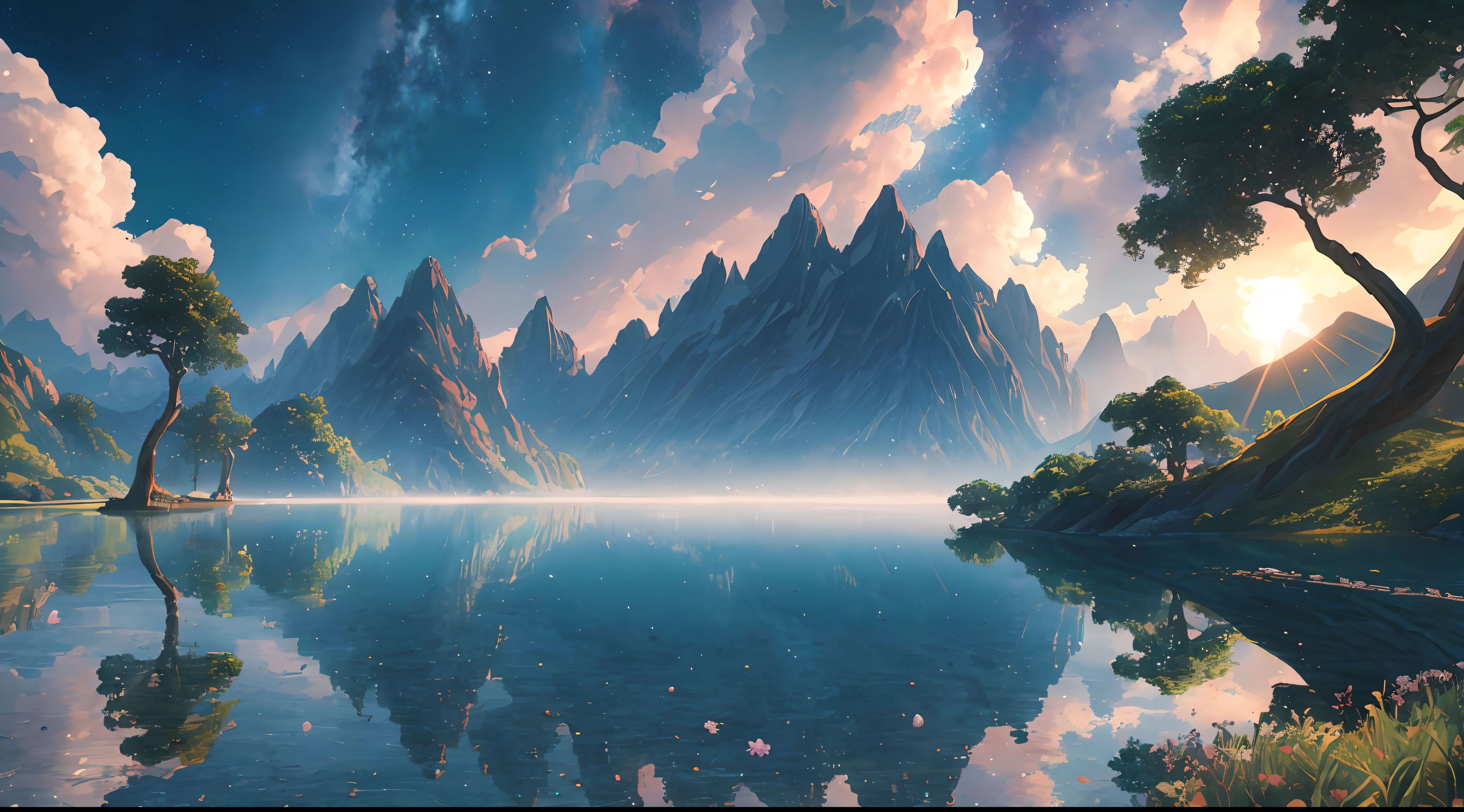 Masterpiece, best quality, high quality, extremely detailed CG unity 8k wallpaper, landscape, outdoor, sky, cloud, sky, no humans, mountain, landscape, water, tree, blue sky, waterfall, cliff, nature, lake, river , cloudy sky, bokeh, depth of field, HDR, bloom, chromatic aberration, photorealism, very detailed, trending on artstation, trending on CGsociety, intricate, high detail, moon, midjourney art