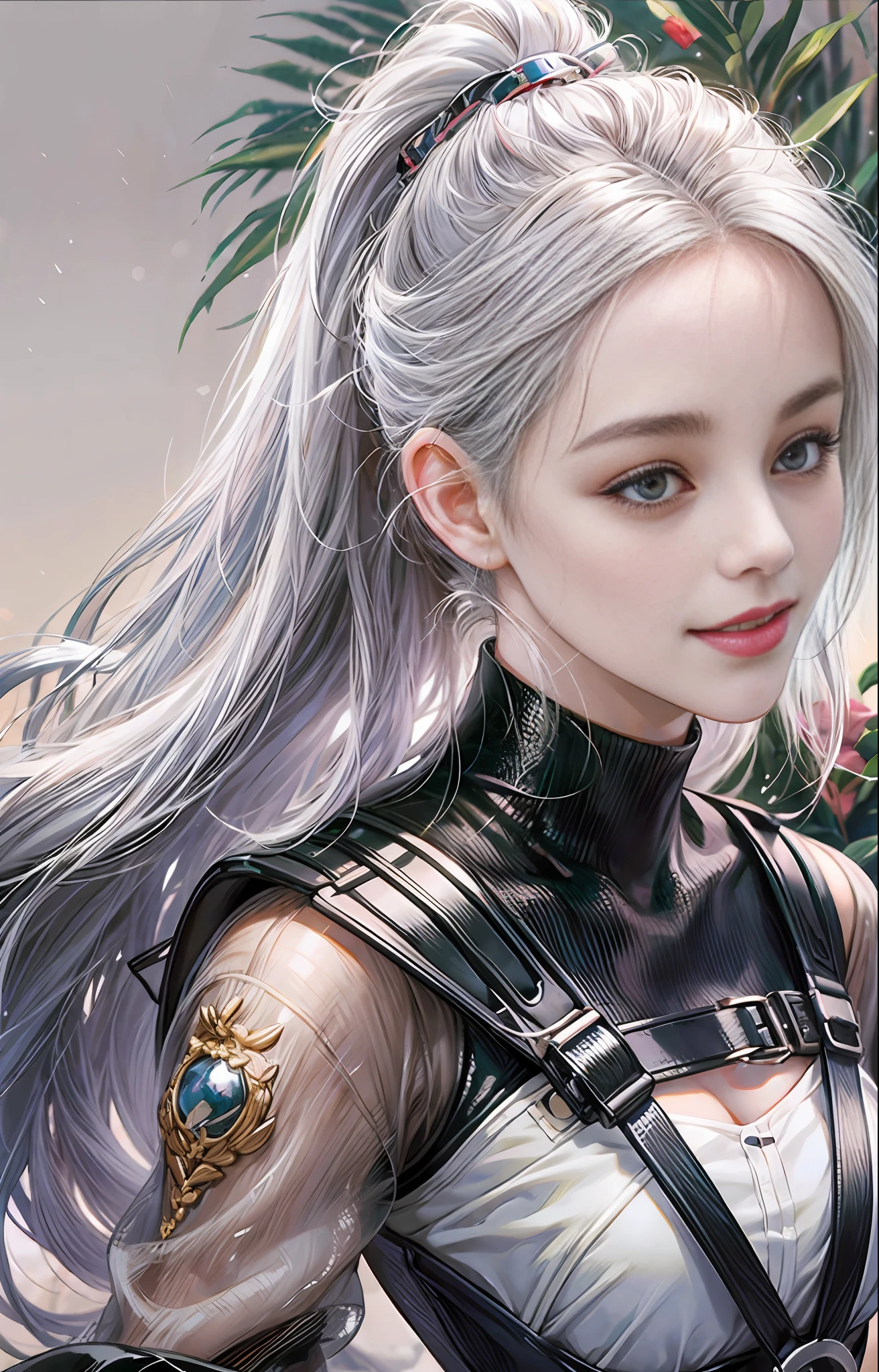 Best quality, 4k quality, 1girl, blurred background, super high detail, full bust, high ponytail, white hair, long hair fluttering in the wind, DSLR camera, smile healing, very beautiful, perfect figure, close-up, deep view, blurred background