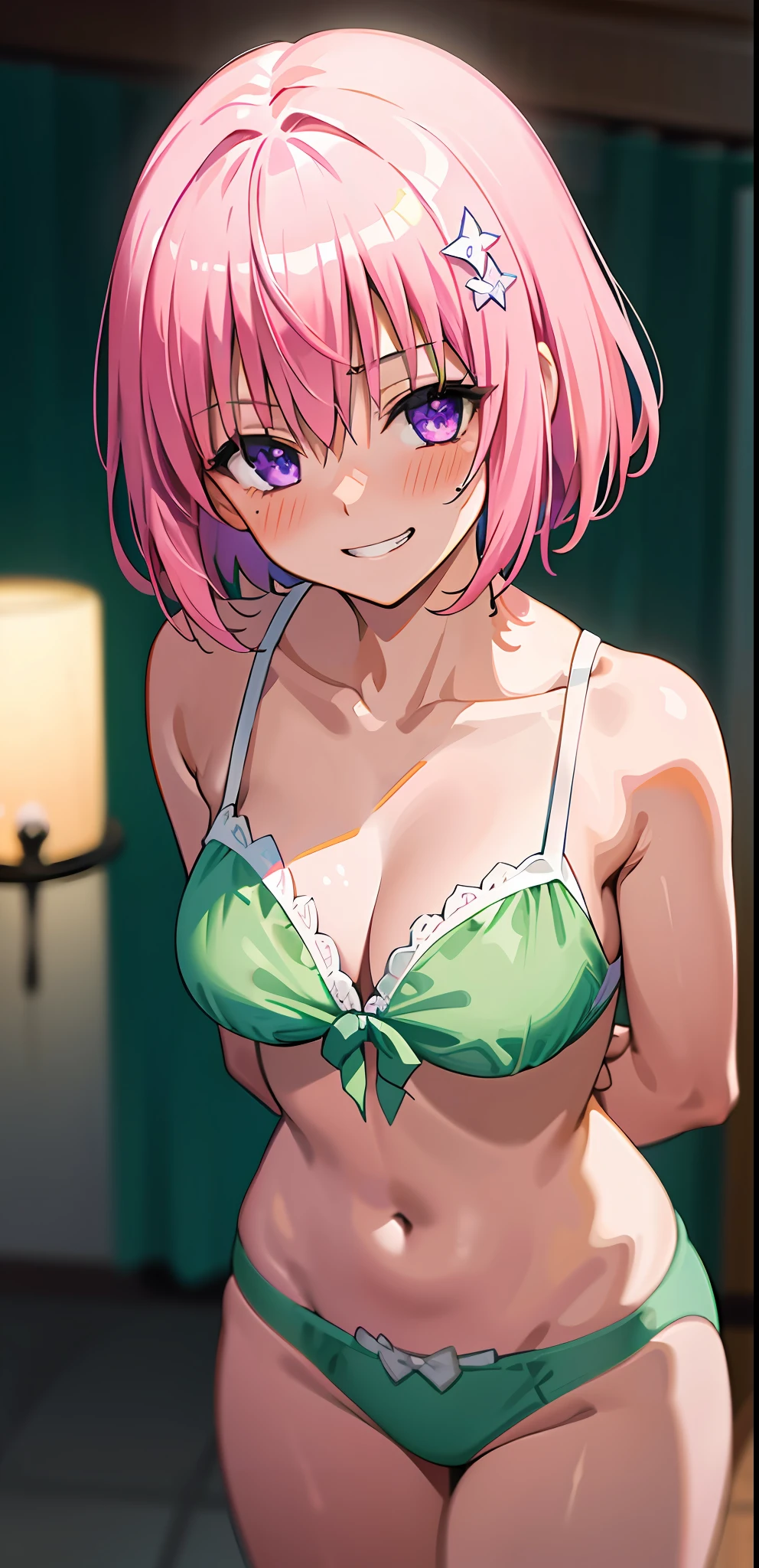 (best quality:1.1), (masterpiece:1.4), (absurdres:1.0), portrait, close up,
1girl, momo velia deviluke, hair ornament, bob cut, short hair pink hair, purple eyes, medium breasts, looking at viewer, (blush:1.2), (evil grin:1.2) , green bikini, ocean