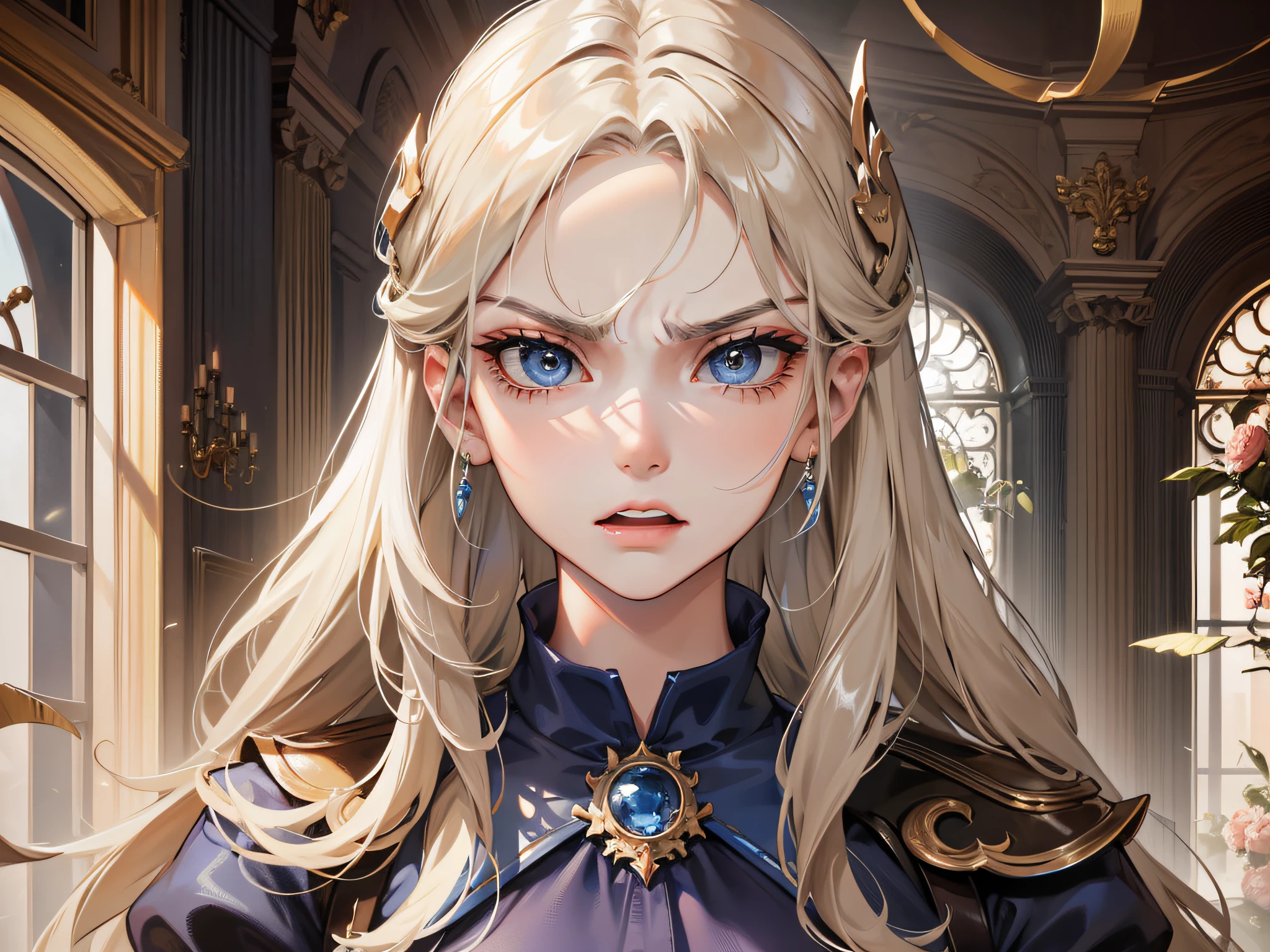 Light blue eyes, expression anger, anger, anger, delicate face, delicate beautiful and delicate eyes, perfect facial proportions