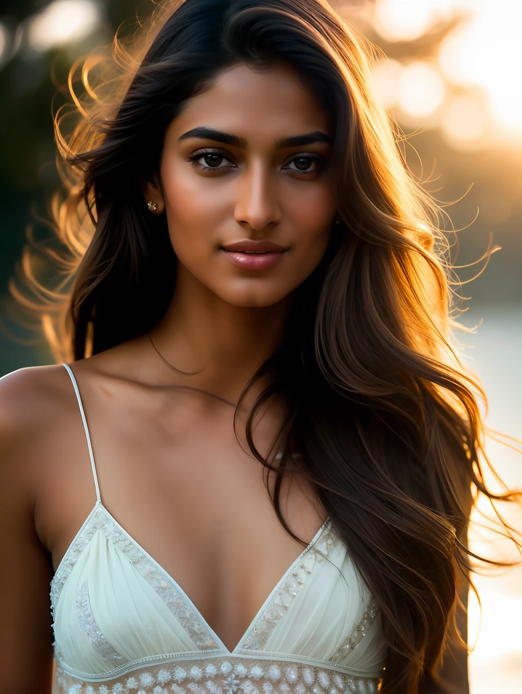 Cinematic soft lighting illuminates a stunningly detailed and ultra-realistic beautiful Indian supermodel, beach look, long messy windy brown hair, clear honey eyes, captivating perfect smile, sensual, hot woman, gorgeous, that is trending on ArtStation. Octane is the perfect tool to capture the softest details of this 16k photography masterpiece.