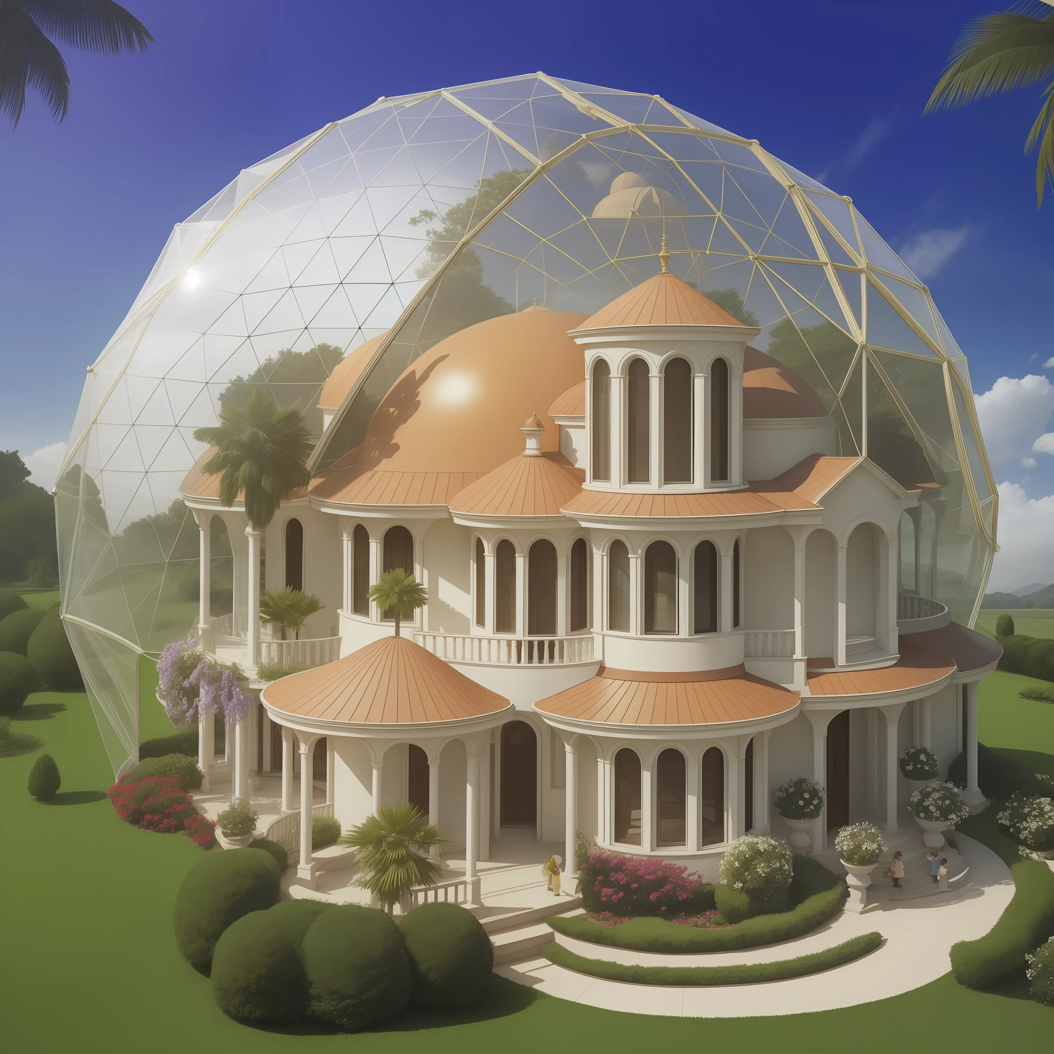 An image of a transparent dome enveloping an imposing house with a family consisting of a couple and two small children in front. Create an atmosphere of safety and security. The scenery inside the dome is pleasant and bright, while outside, the weather is inclement weather, cloudy and rainy. The family inside the dome feels protected. high resolution. DreamSharper