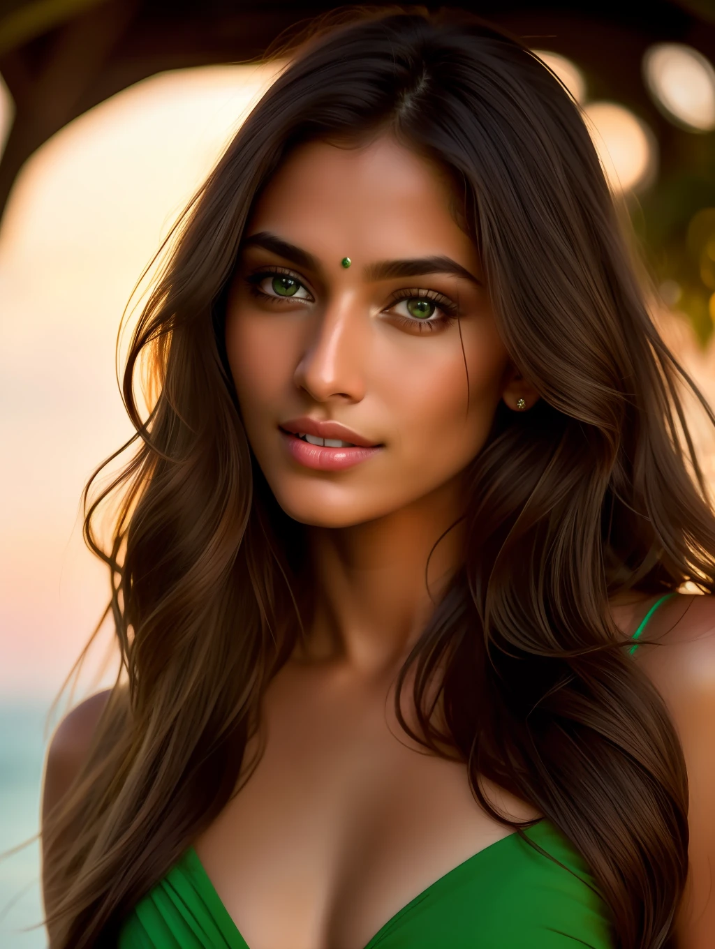 Cinematic soft lighting illuminates a stunningly detailed and ultra-realistic beautiful Indian supermodel, beach look, long messy windy brown hair, clear green eyes, captivating perfect smile, sensual, hot woman, gorgeous, that is trending on ArtStation. Octane is the perfect tool to capture the softest details of this 16k photography masterpiece.