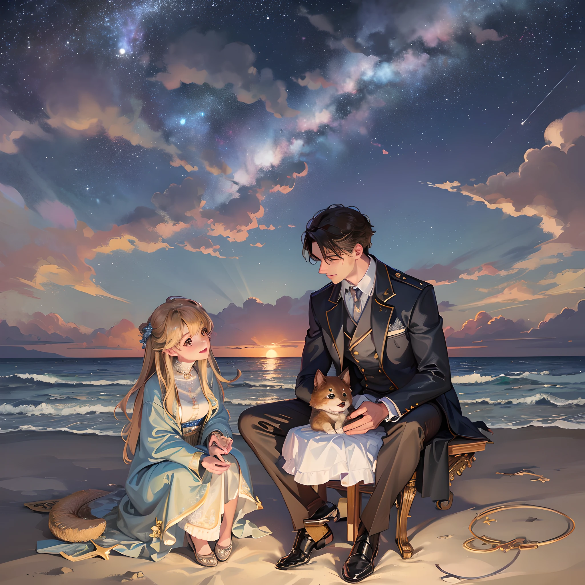 (high quality, fantastic picture, romantic and warm), seaside at night, (a man and a woman) sitting together, looking up at the starry sky, corgi puppies playing, behind the dream galaxy, (handsome men and beautiful women), show the power of love. --auto --s2