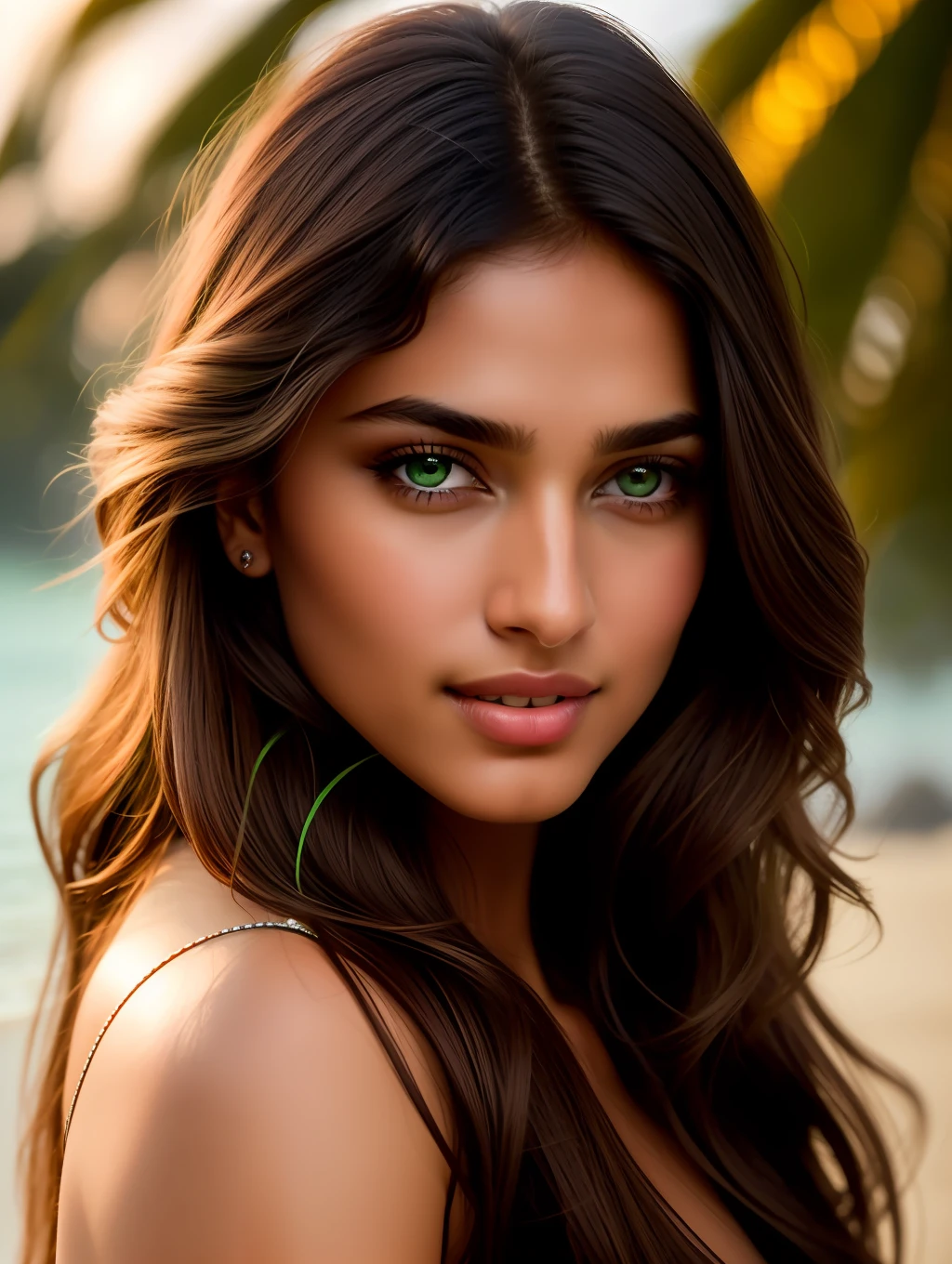 Cinematic soft lighting illuminates a stunningly detailed and ultra-realistic beautiful Indian supermodel, beach look, long messy windy brown hair, clear green eyes, captivating perfect smile, sensual, hot woman, gorgeous, that is trending on ArtStation. Octane is the perfect tool to capture the softest details of this 16k photography masterpiece.