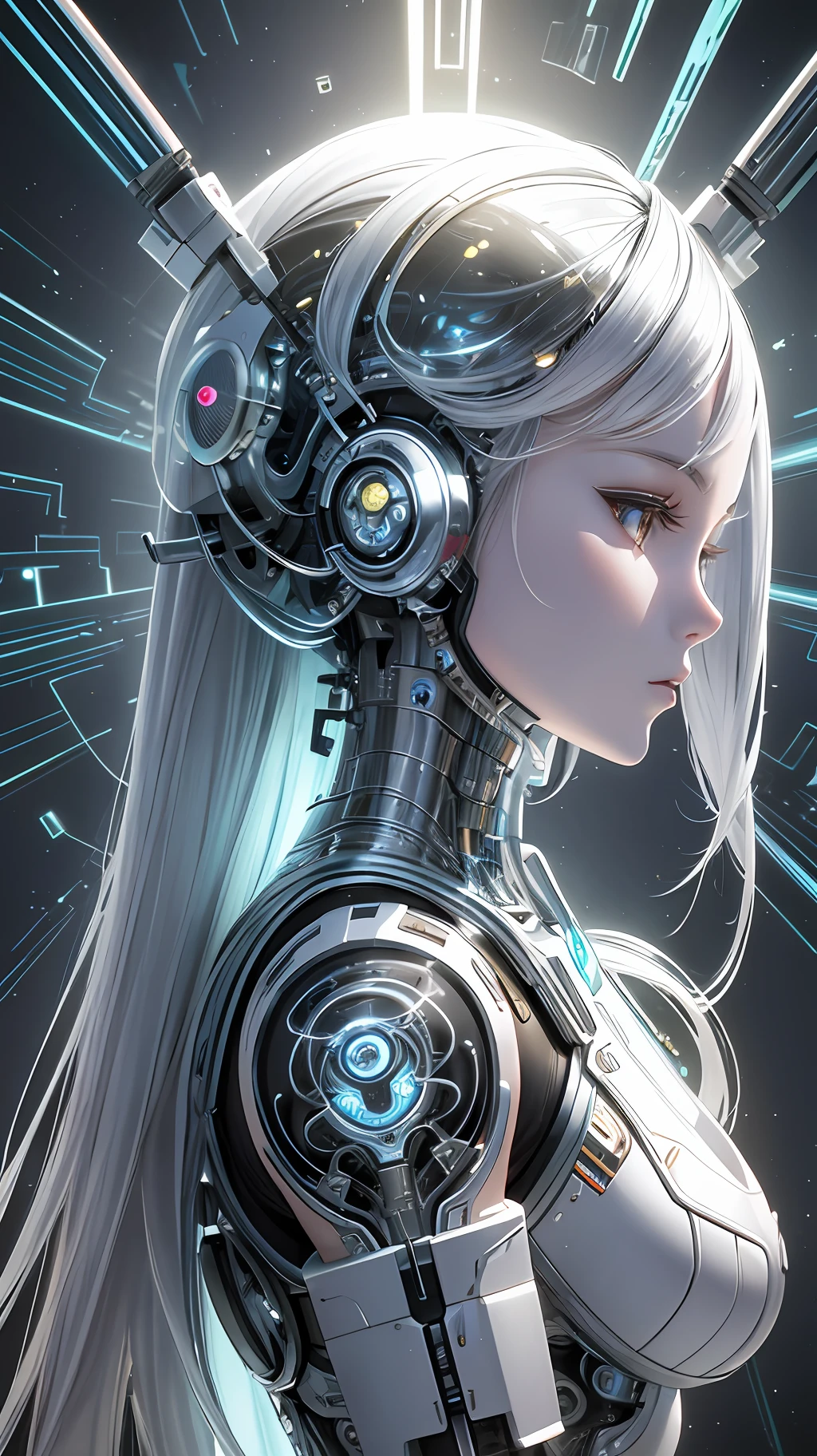 Character Sheet, complex 3d render ultra detailed of a beautiful Japanese girl android cyborg, robotic parts, beautiful studio soft light, rim light, vibrant details, luxurious cyberpunk, android body made of white and silver transparent glass and plastic, , silver metal internal body mechanisms, dynamic pose, flowing organic components, detailed engraving, lacework designs, glowing golden circuitry, art by H.R. Giger, Greg Rutowski