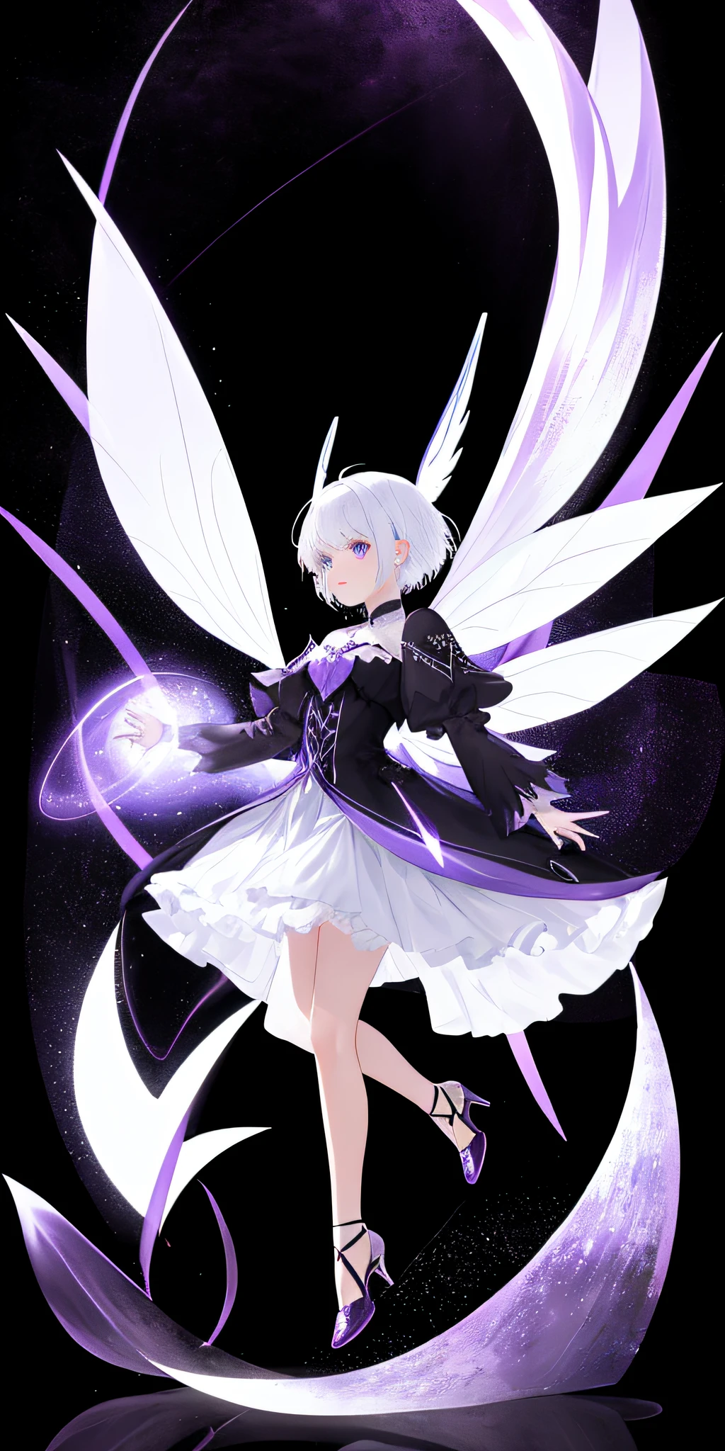 dark Fairy, White short hair, Celestial white clothe, black heels, fairy wings, floating, purple background with a moon