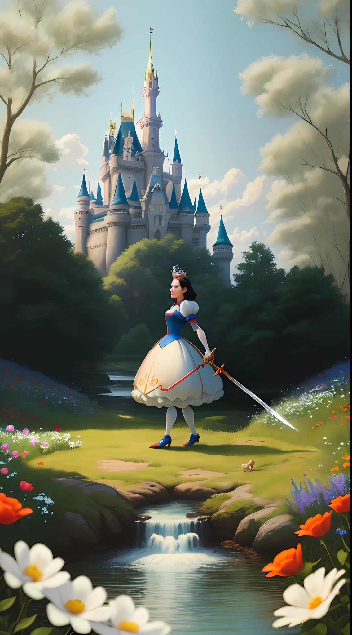 a middle-aged gray-haired Disney Princess Snow White fighting with a sword wearing a crown in the woods with many cute animals near her, dancing first-person view. Many flowers of various colors. A sunny day. with a river and a fairytale castle in the background. Walt Disney cartoon style, angry, masterpiece. With orange and red roses, from outside. Snow White playing with animals, Wide-Angle, f/2.8, Canon, wide shot, from above, from below, first-person view, , sideways, polar opposites, social media composition. A summer day.