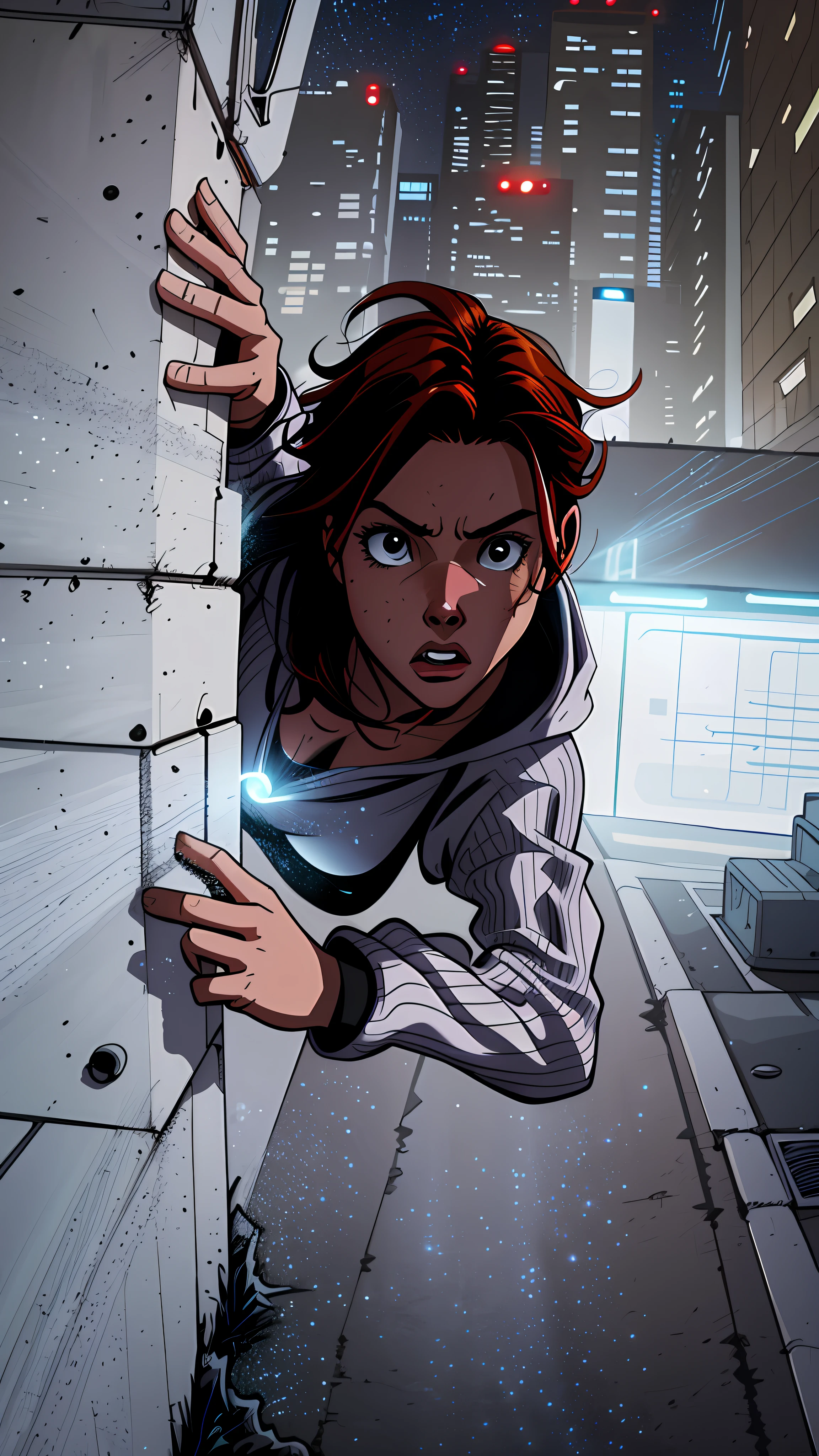 Close up image of 2 subjects, 1girl with auburn colored hair, wearing long sleeve white dress with hood, (running towards camera), (woman looks scared), frightened, running for her life, running away from man wearing armor, getting grabbed by man, down a dirty city alley, futuristic city at (night:1.4), blue and yellow neon signs, chase scene, action scene, thick outlines, comic book style, dynamic camera angle, realistic skin, realistic hands, perfect hands, action lines, motion blur background