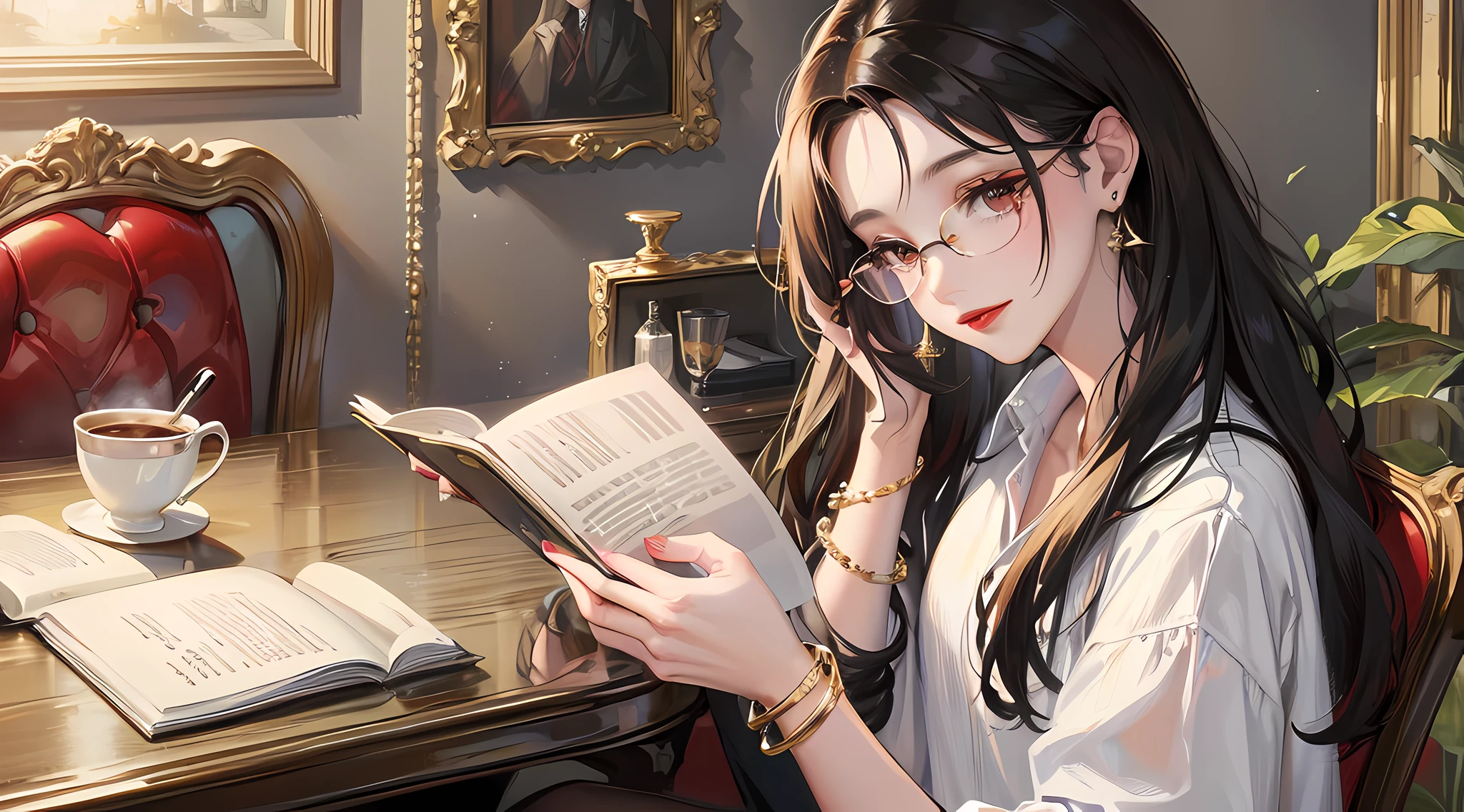 Highly detailed, high quality, masterpiece, 1 woman, sitting at a small table with coffee cup in hand, slight smile, black hair, loose waves, red lipstick, elegant earrings, (professional wear: 1.1), white shirt, black pencil skirt, high heels, (gold bracelet: 1.2), reading glasses, greenery in the background, indoors, morning light.