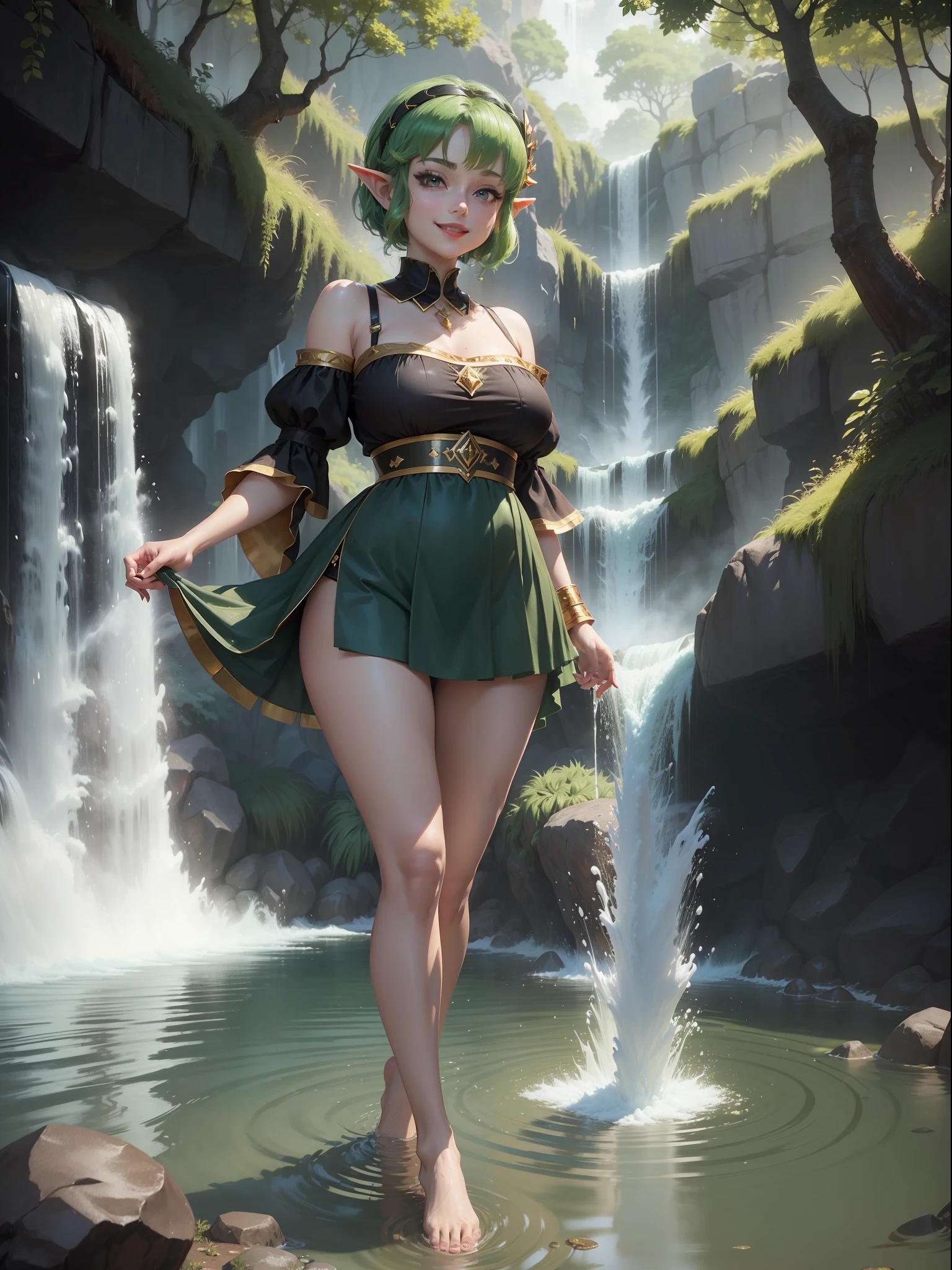 ((full-body photo, feet on the ground, front view)). Princess Zelda, {big breasts, red cheeks, red lipstick on her mouth, looking at the viewer}, {(black outfit with gold trim/maid outfit with short shorts)}, she's bathing in a waterfall in open area falling water, clothes and hair soaked. She has {((short green hair, blue eyes, looking at the viewer, smiling)}, anime, anime style, motion blur, 16k, high quality, super detail, textured skin, anatomically correct, masterpiece, masterpiece, masterpiece, UHD, ccurate