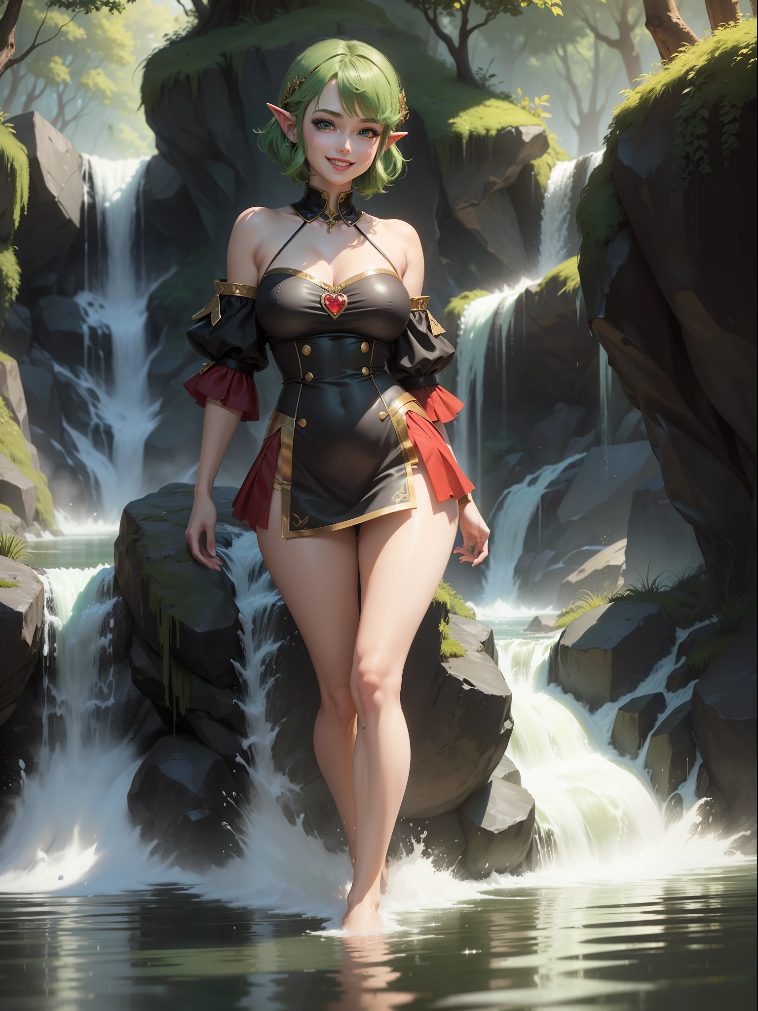 ((full-body photo, feet on the ground, front view)). Princess Zelda, {big breasts, red cheeks, red lipstick on her mouth, looking at the viewer}, {(black outfit with gold trim/maid outfit with short shorts)}, she's bathing in a waterfall in open area falling water, clothes and hair soaked. She has {((short green hair, blue eyes, looking at the viewer, smiling)}, anime, anime style, motion blur, 16k, high quality, super detail, textured skin, anatomically correct, masterpiece, masterpiece, masterpiece, UHD, ccurate