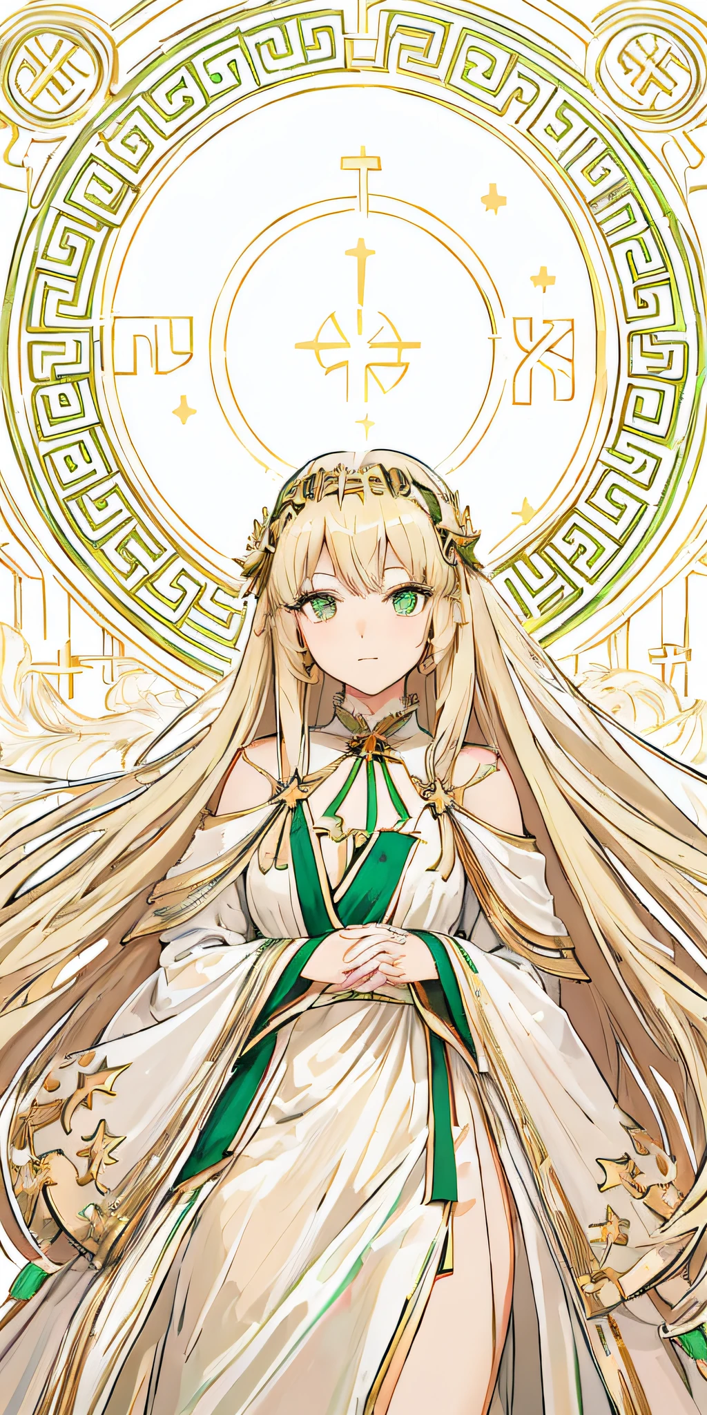 anime girl in a white dress with long blonde hair and a green and white dress, anime goddess, palutena, the goddess artemis smirking, lady palutena, portrait knights of zodiac girl, official art, ((a beautiful fantasy empress)), the godess hera looking angry, blonde anime girl with long hair, ancient goddess, anime visual of a cute girl