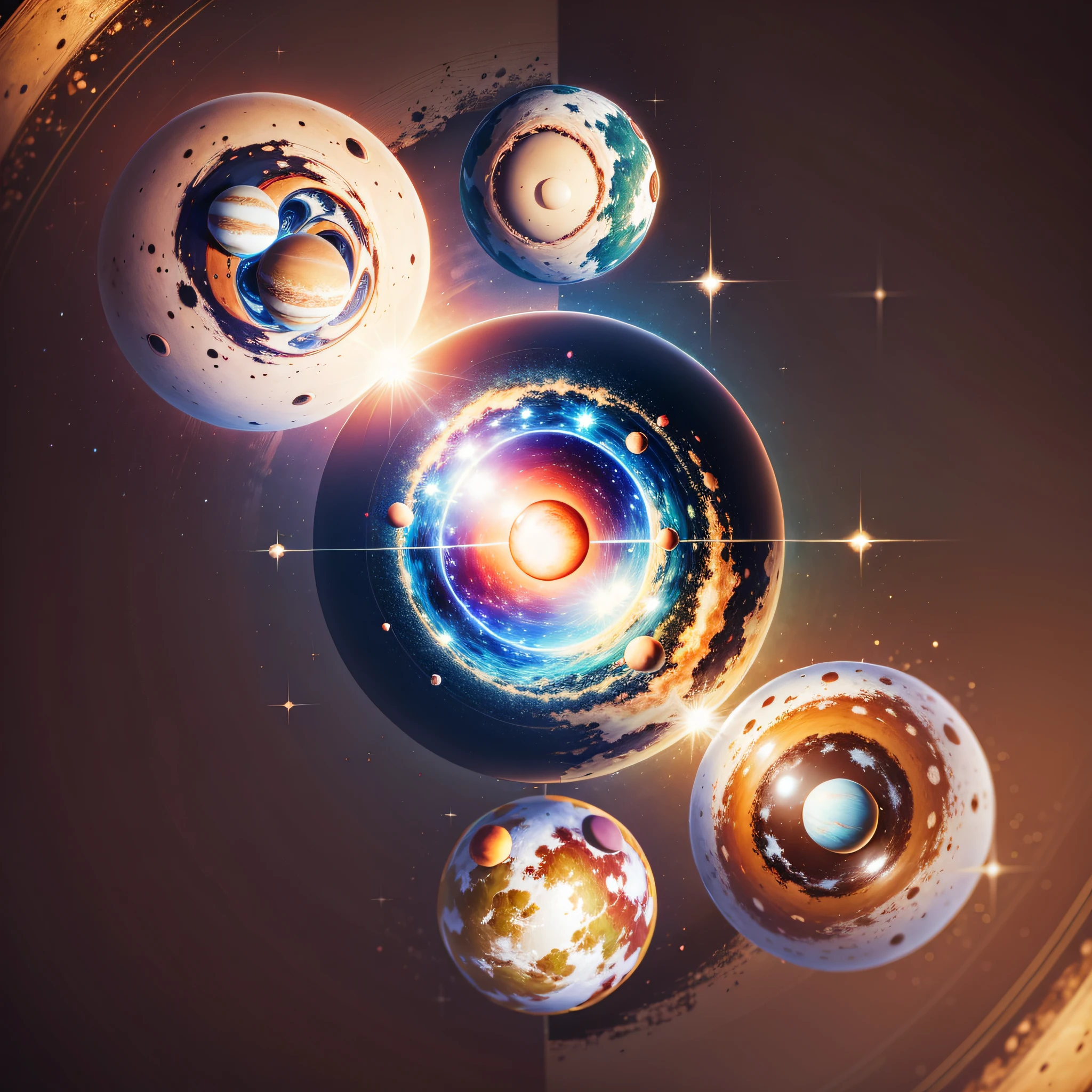 ((high quality)), ((masterpiece)), 8k, planet in center, three suns, four moons, abstract