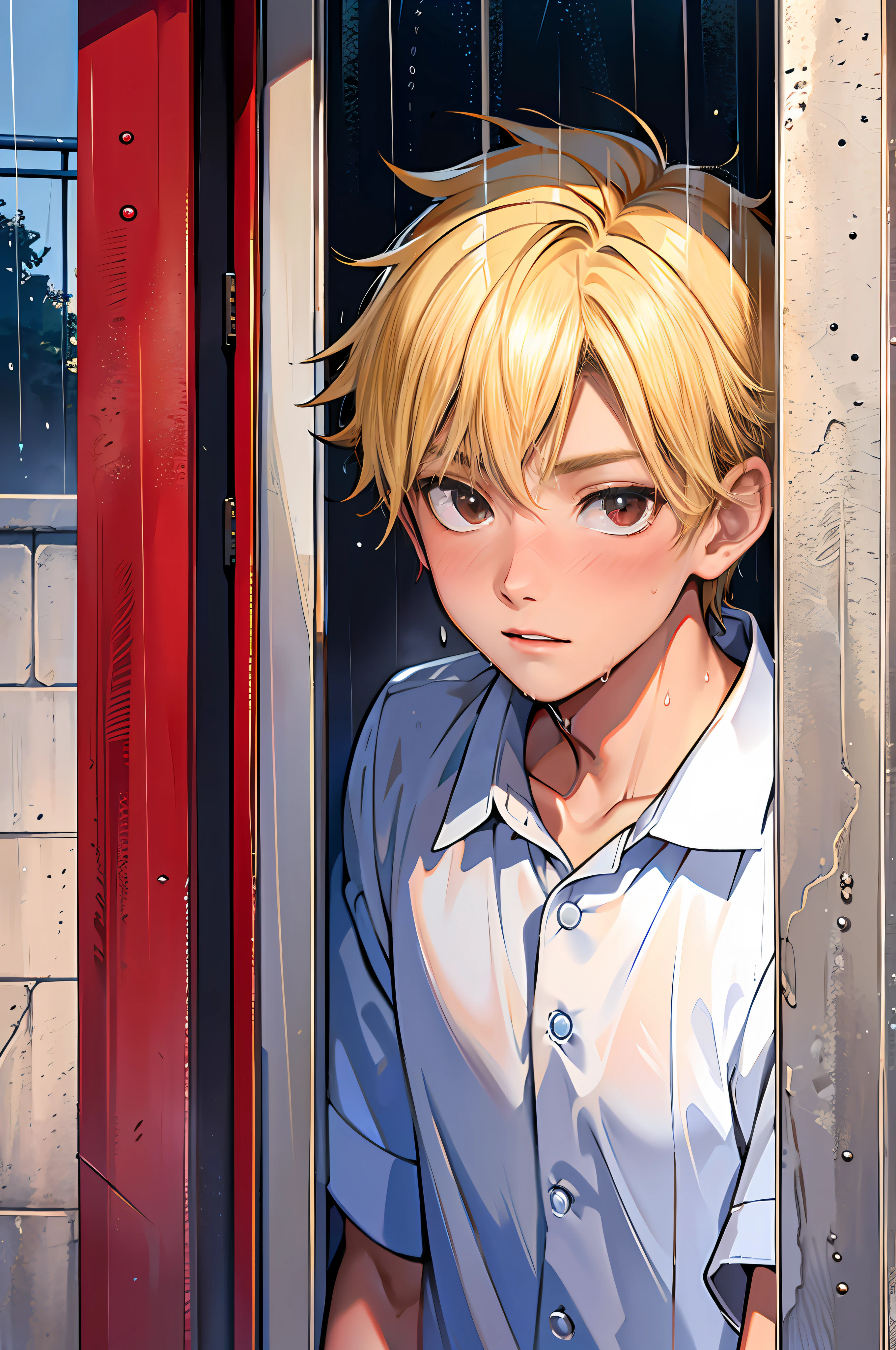 (Best Quality: 1.2), (Boys about 17 years old), (Short Blonde Hair: 1.2), (Red Eye: 1.2), (1 person), (School uniform), Getting wet in the rain, Blush