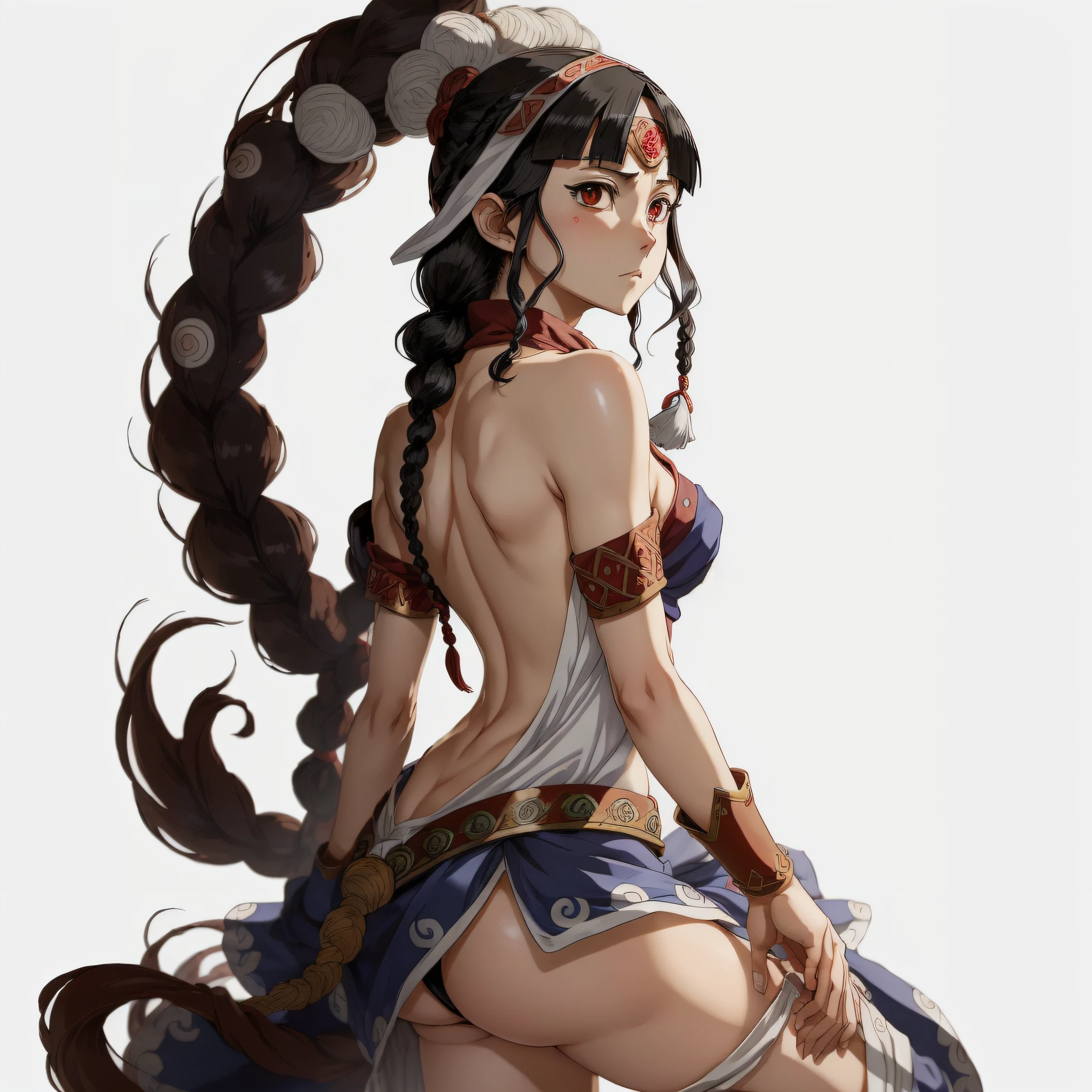 ((masterpiece)),((best quality))),(((character design sheet, same character, front, side, back)),(illustration), (1 47-year-old woman), female, Japanese anime style, (mature woman), warrior woman, (full body), (scantily clad warrior), black hair, black eyes, braided hair, ambient Scene change, pose too, charturnbetalora, (single background, white background: 1.3) Mononoke Hime --auto --s2