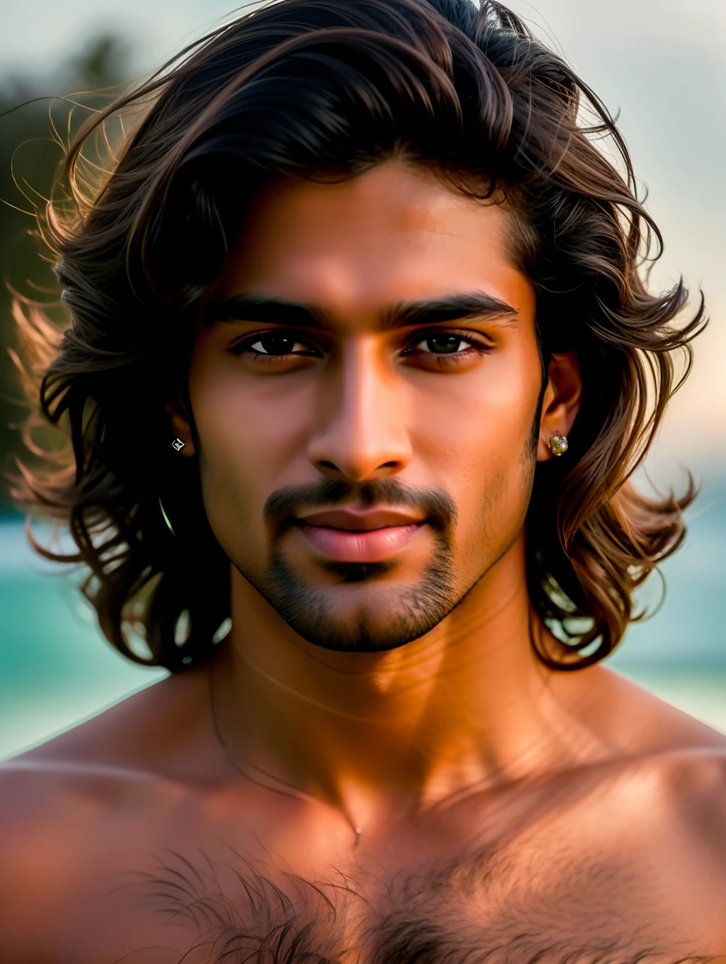 Cinematic soft lighting illuminates a stunningly detailed and ultra-realistic handsome Indian male supermodel, beach look, ultra short messy windy light brown hair, clear green eyes, captivating perfect smile, sensual, hot man, insanely handsome, that is trending on ArtStation. Octane is the perfect tool to capture the softest details of this 16k photography masterpiece.