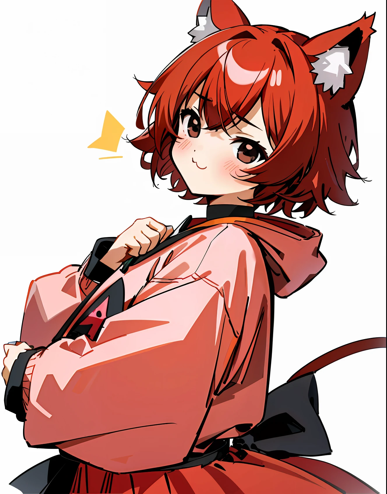 4K, Masterpiece, Best Quality, Sakura VRC, 1 Girl, Solo, A Little Short Hair, Red Hair, Black Eyes, Chibi, Animal Ear Fluff;3, Cat Mouse, Self-Righteous, Peach Hoodie, Black Neeso, Cat Ears, Simple Background, White Background