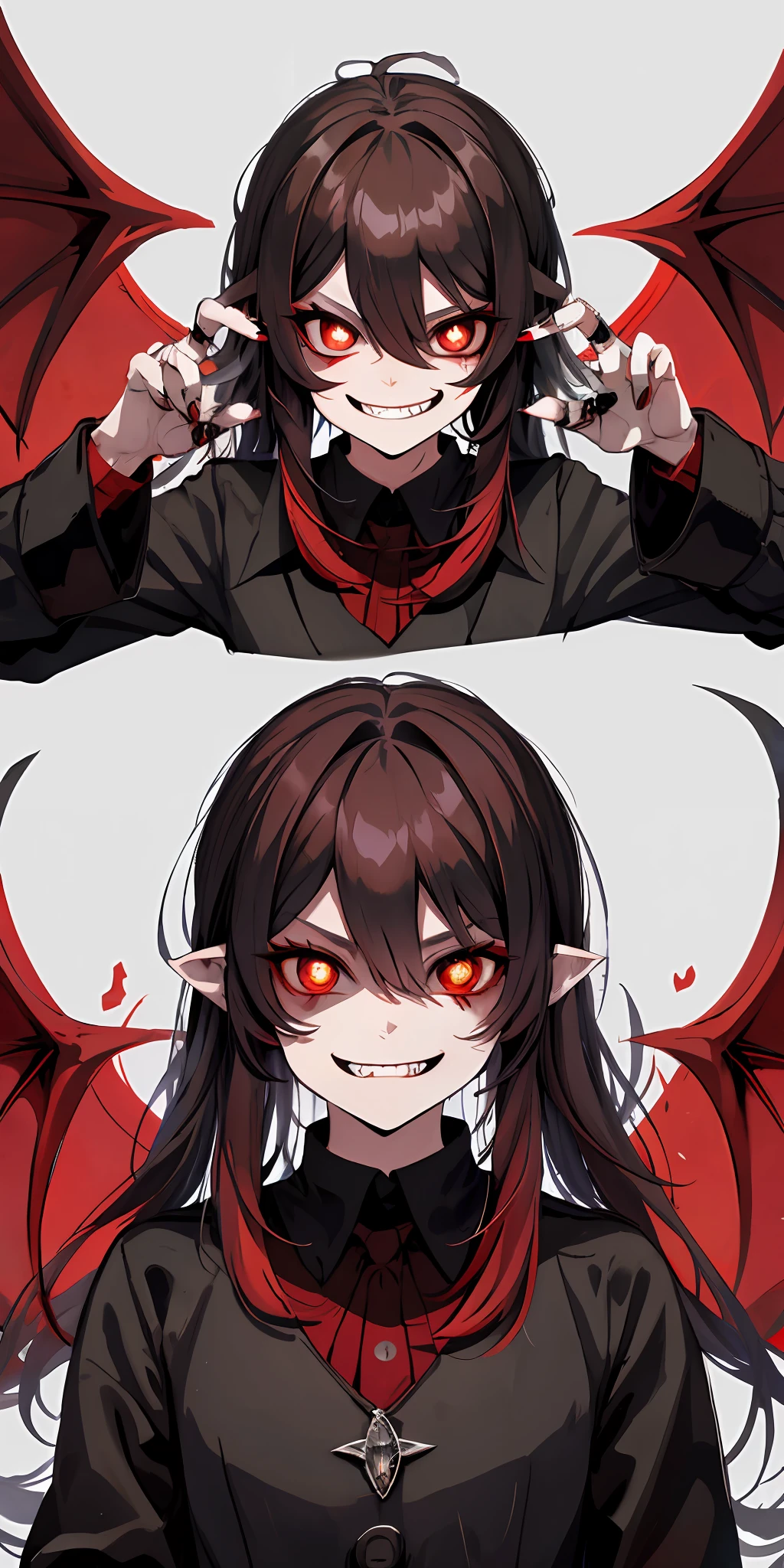 Red eyes, vampir teeth fangs, booldy face, blood out of mouth, smirk,bat wings, scary smile, psychopathic smirk, psychopathic smile, scary, mouth opem, angry eyes, vampire, dark hall background, red + blue + green, dark red background