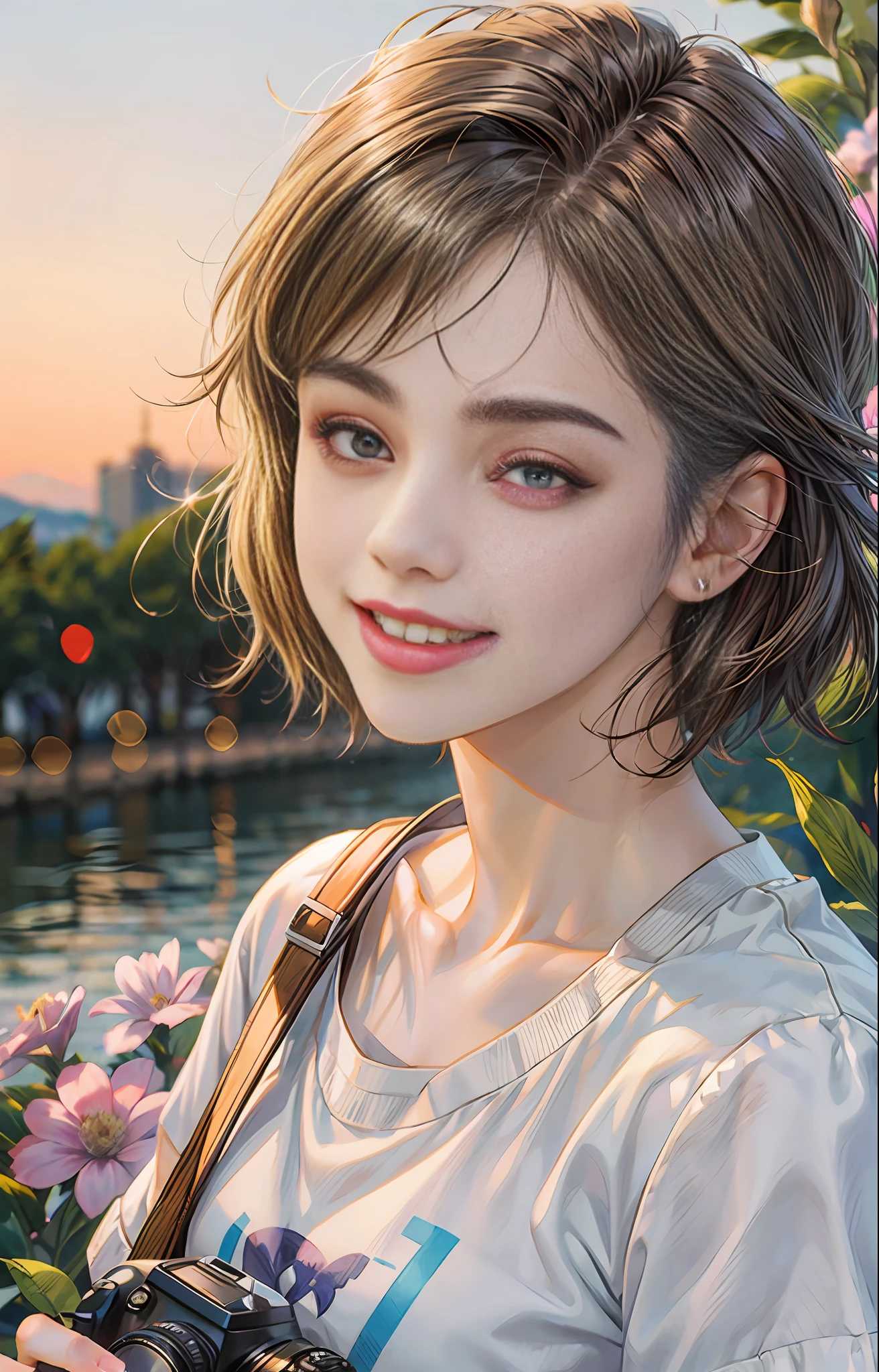 Best quality, 4k quality, 1girl, blurred background, super high detail, bust shot, short hair fluttering in the wind, DSLR camera, smile healing, very beautiful, perfect figure, close-up, deep view, background blur, t-shirt