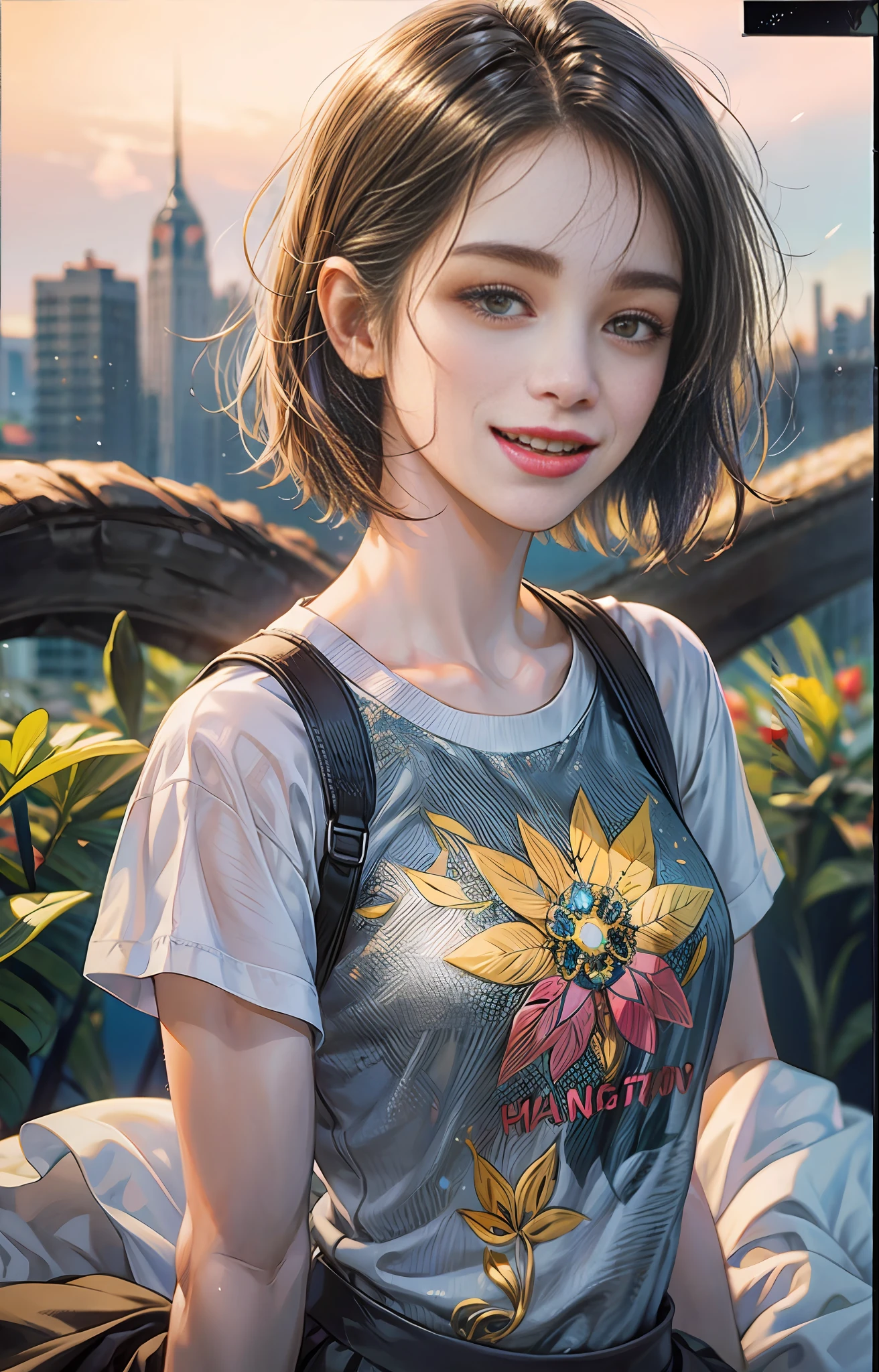 Best quality, 4k quality, 1girl, blurred background, super high detail, bust shot, short hair fluttering in the wind, DSLR camera, smile healing, very beautiful, perfect figure, close-up, deep view, background blur, t-shirt