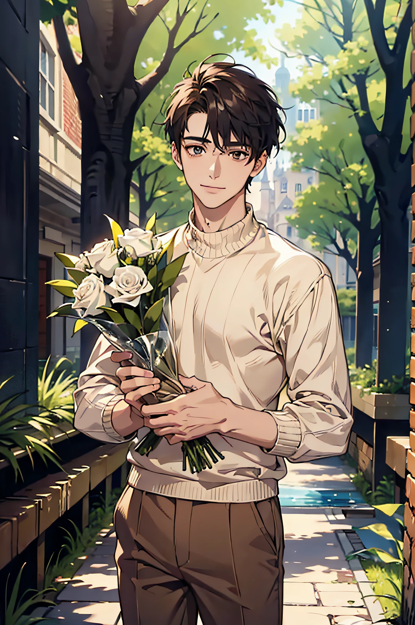(absurdres, highres, ultra detailed), masterpiece, a boy holding a bouquet, solo. handsome. short hair, finely eye, detailed face, sweater, beige pants, light smile