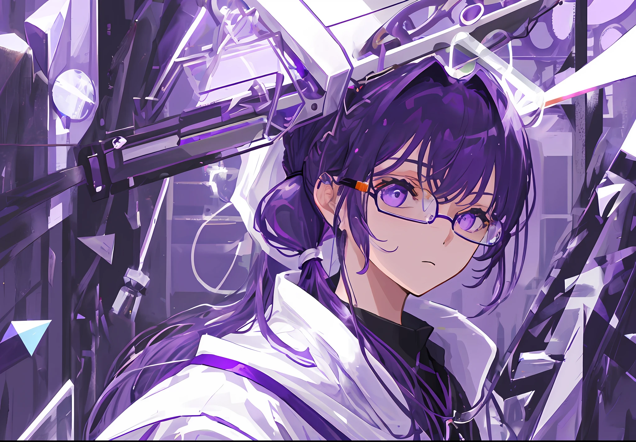 Masterpiece, best quality, extreme light and shadow, close-up, face focus, laboratory, Erlenmeyer flask with purple liquid, 1girl, purple hair, purple eyes, single ponytail, purple square-framed glasses, white lab robe, cold, calm expression