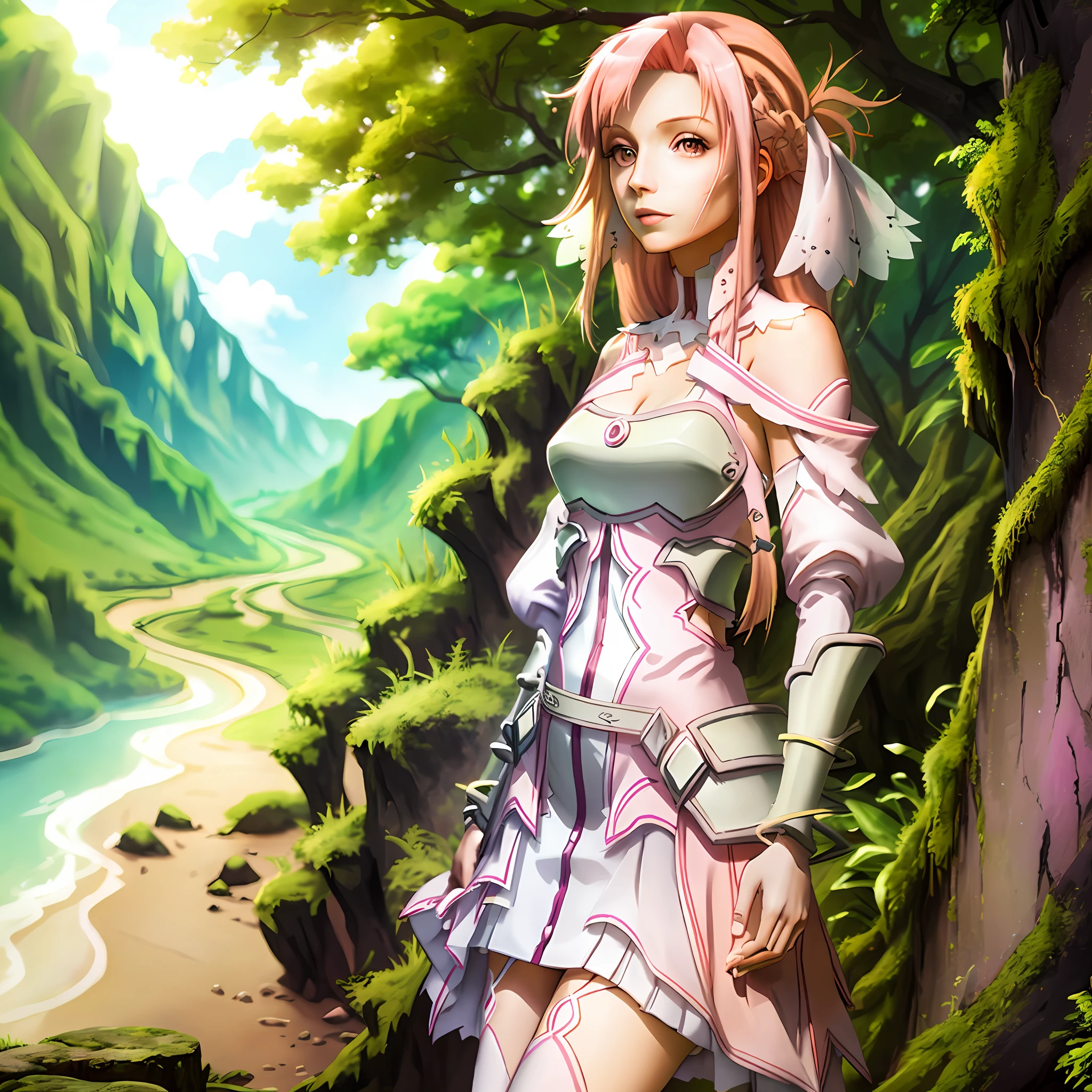 Tall beautiful woman with pink hair in nature