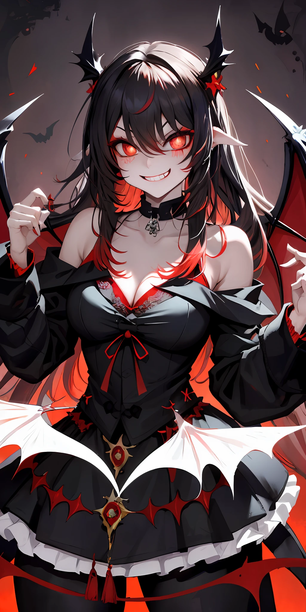 Red eyes, vampir teeth fangs, booldy face, blood out of mouth, smirk,bat wings, scary smile, psychopathic smirk, psychopathic smile, scary, mouth opem, angry eyes, vampire, dark hall background, red + blue + green, dark red background, big breasts, cleavage
