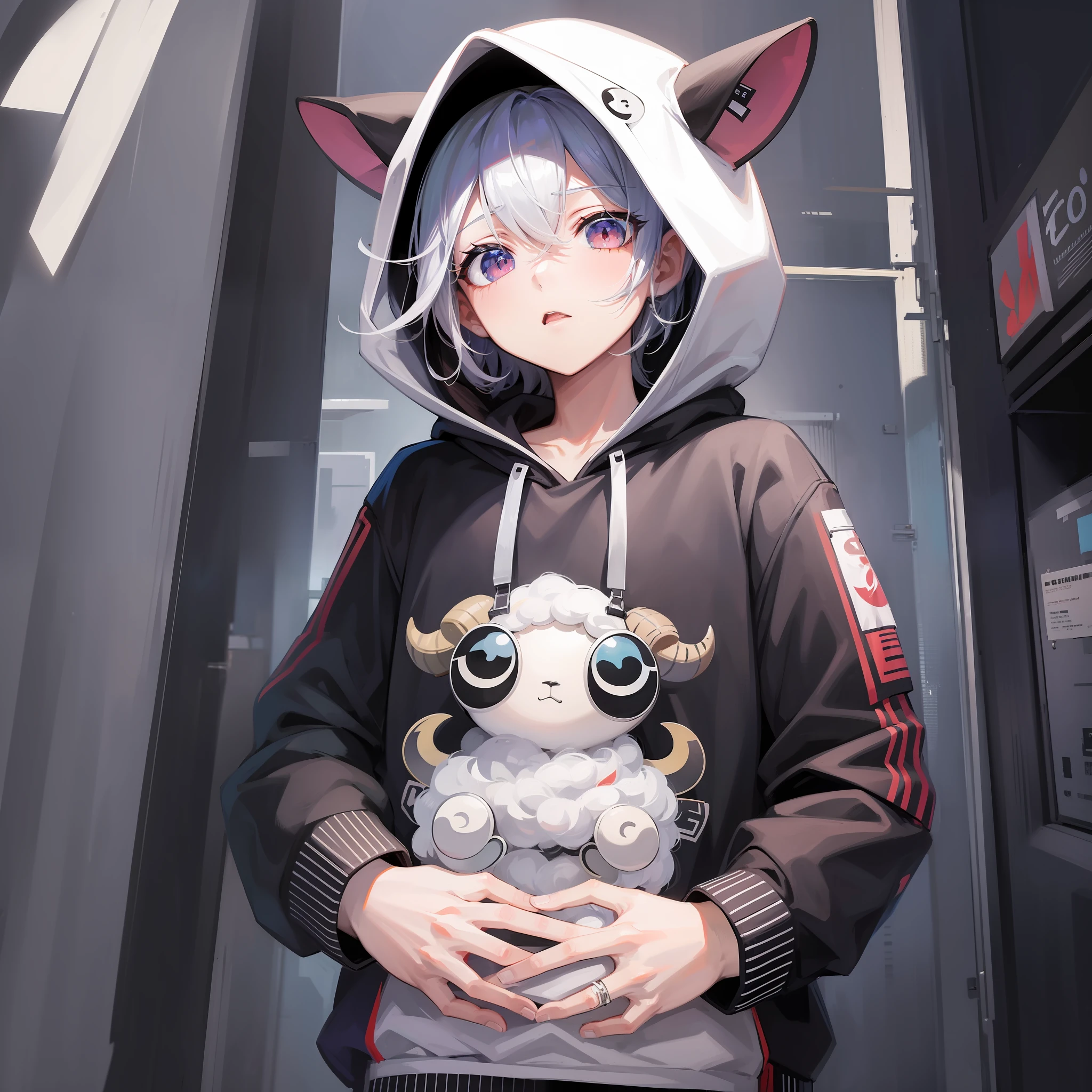 Boy in hoodie with index finger to mouth, facing camera, upper body, tiger, tiger sticker, key anime art, digital art on projectile on, anime art wallpaper 8K, anime style 4K, badass anime 8K