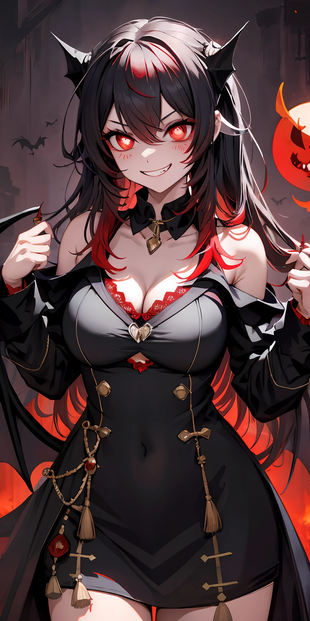 Red eyes, vampir teeth fangs, booldy face, blood out of mouth, smirk,bat wings, scary smile, psychopathic smirk, psychopathic smile, scary, mouth opem, angry eyes, vampire, dark hall background, red + blue + green, dark red background, big breasts, cleavage