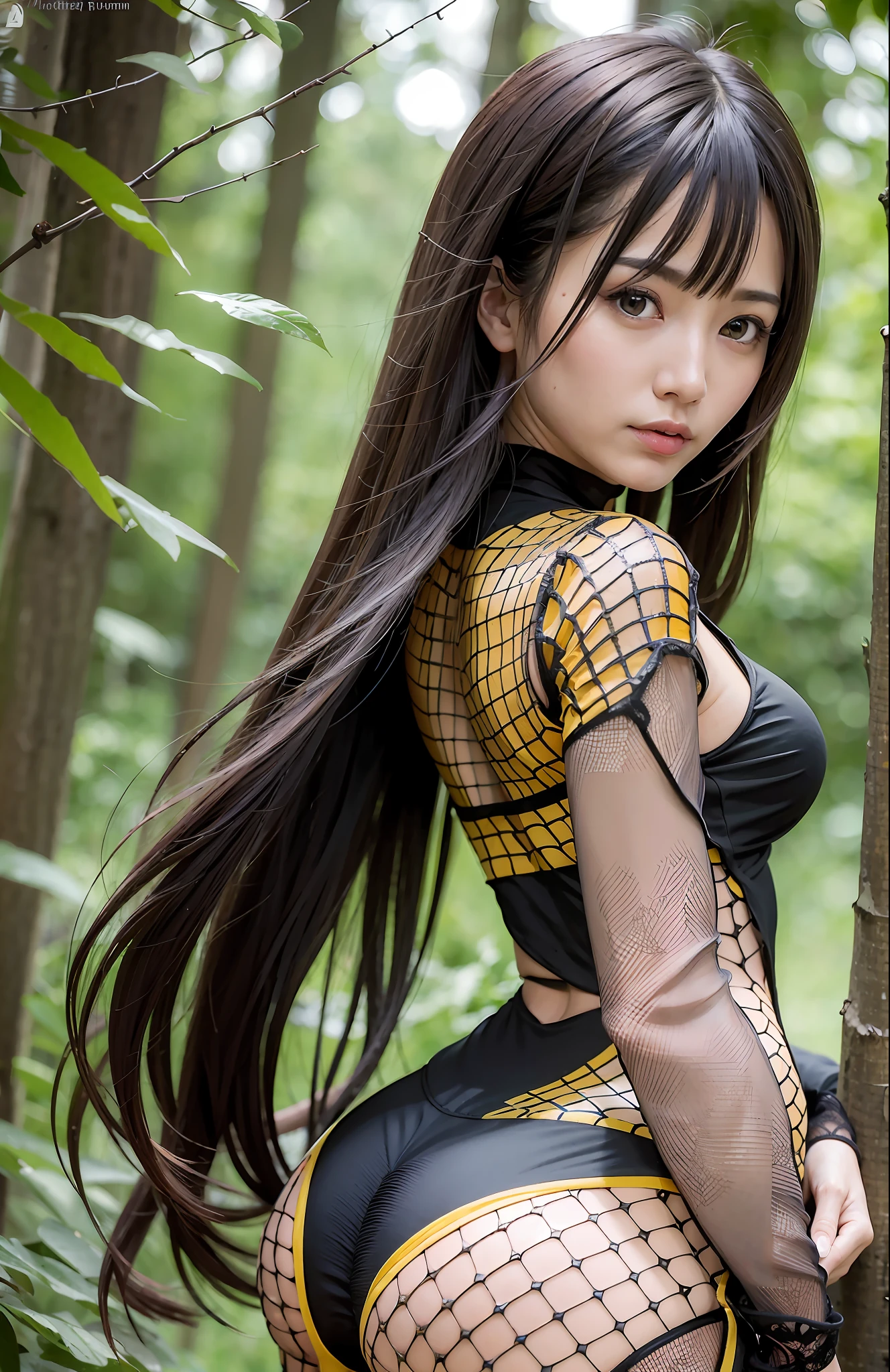 ((Best Quality)), ((Masterpiece)), ((Real)), Beautiful Spider Woman (Woman's face and whole body, unnatural spider legs from the body), (Unnaturally growing spider legs from the back) ,Beautiful Japan Woman ,Black Long Hair, Bangs,Yellow Eyes, Black Yellow Clothes , Art Station Trend On, Sharp Focus, Studio Photography, Intricate Details, Very Detailed, Detailed Eyes, Very Detailed, Sharp Focus, Digital Rendering, Professional, 4K ,Forest ,Beautiful Nature,Mass Spider Web ,Spider Thread --v 6