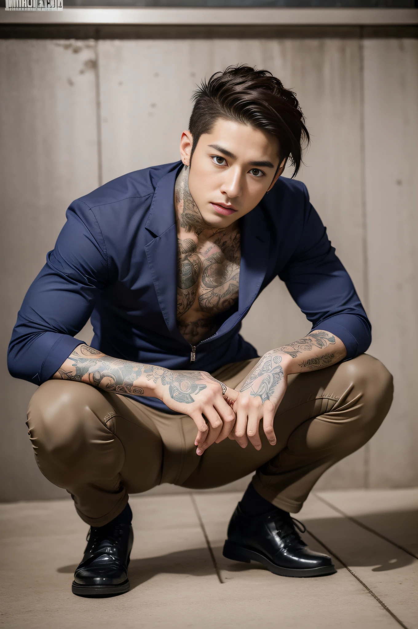 Handsome, 25 years old, mestizo, master works, best picture quality, higher quality, high detail, ultra-high resolution, 8k resolution, delicate facial features, boy, big muscles, tattoos, glowing eyes, short hair, hair details, [[Look away, look to the side, emphasize homosexuality and pay attention to every detail , rubber suit, kneeling on the ground (((((crotch bulge)))))