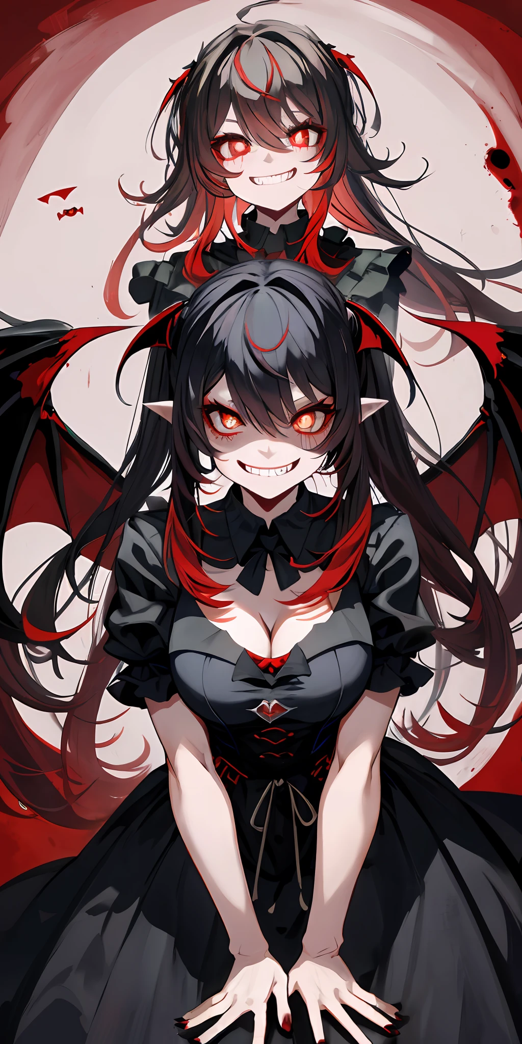 Red eyes, vampir teeth fangs, booldy face, blood out of mouth, smirk,bat wings, scary smile, psychopathic smirk, psychopathic smile, scary, mouth opem, angry eyes, vampire, dark hall background, red + blue + green, dark red background, big breasts, cleavage