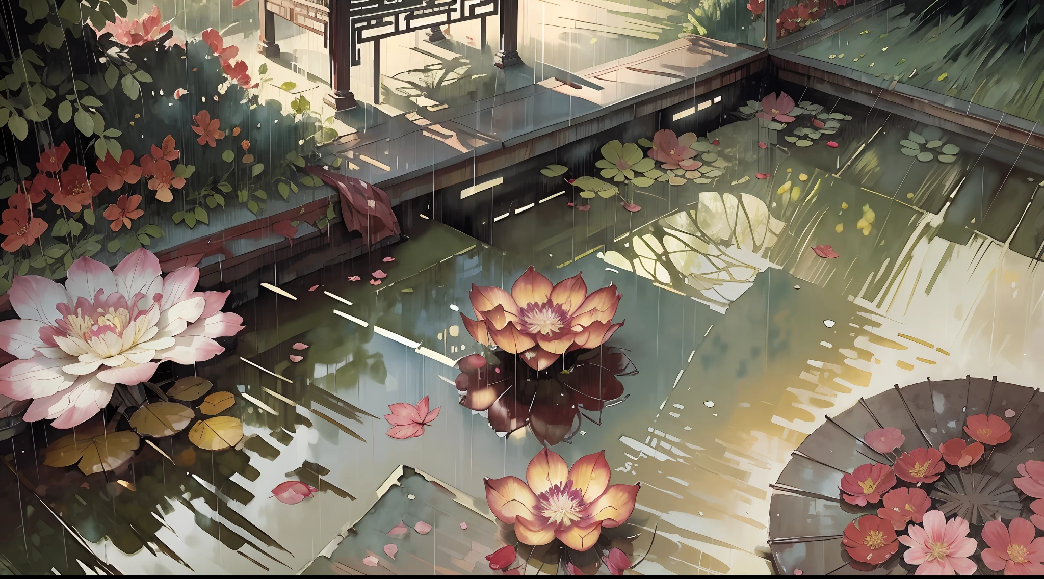 Chinese garden, rain and wind, flowers and leaves wither. Fallen leaves and petals all over the ground. The ambient light and shadow are clear, subtle reflections, swaying dynamics. - Watercolor style, spectral art, splash blending