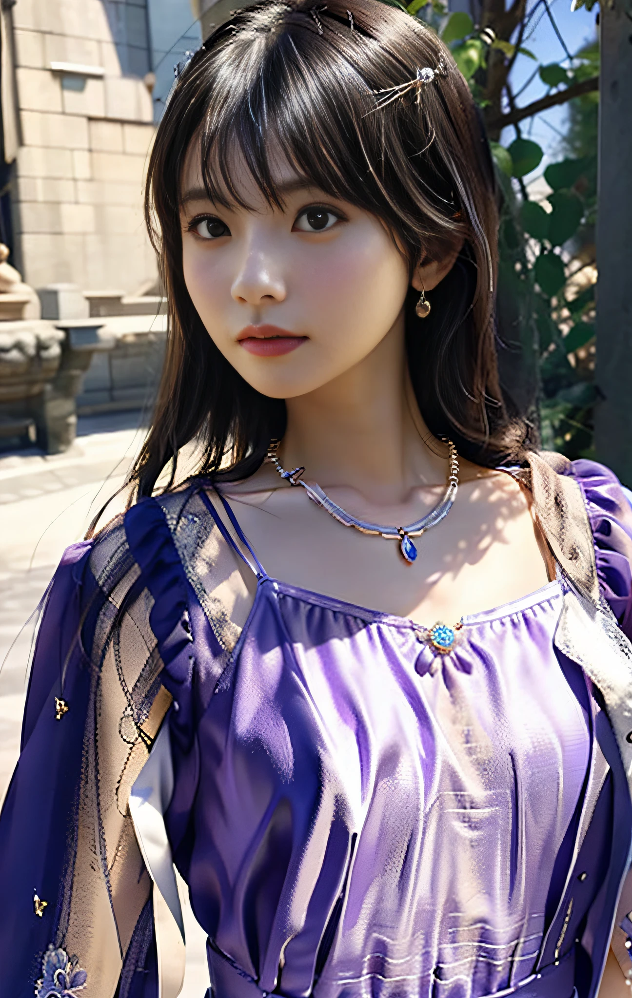 best quality, masterpiece, highres, 1girl,light purple china dress,hair ornament,necklace, jewelry,Beautiful face,upon_body, tyndall effect,photorealistic, dark studio, rim lighting, two tone lighting,(high detailed skin:1.2), 8k uhd, dslr, soft lighting, high quality, volumetric lighting, candid, Photograph, high resolution, 4k, 8k, Bokeh