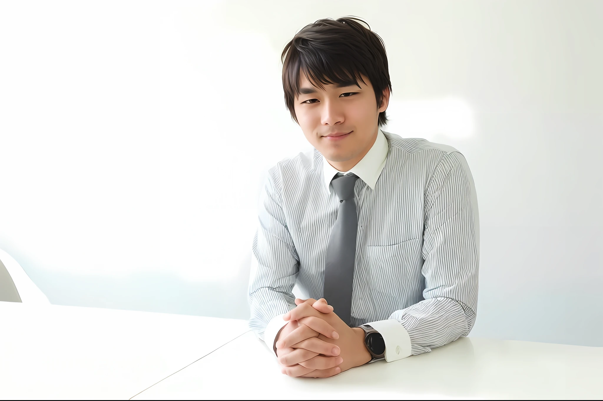 Anime-like image of a man sitting with his hands folded at a table