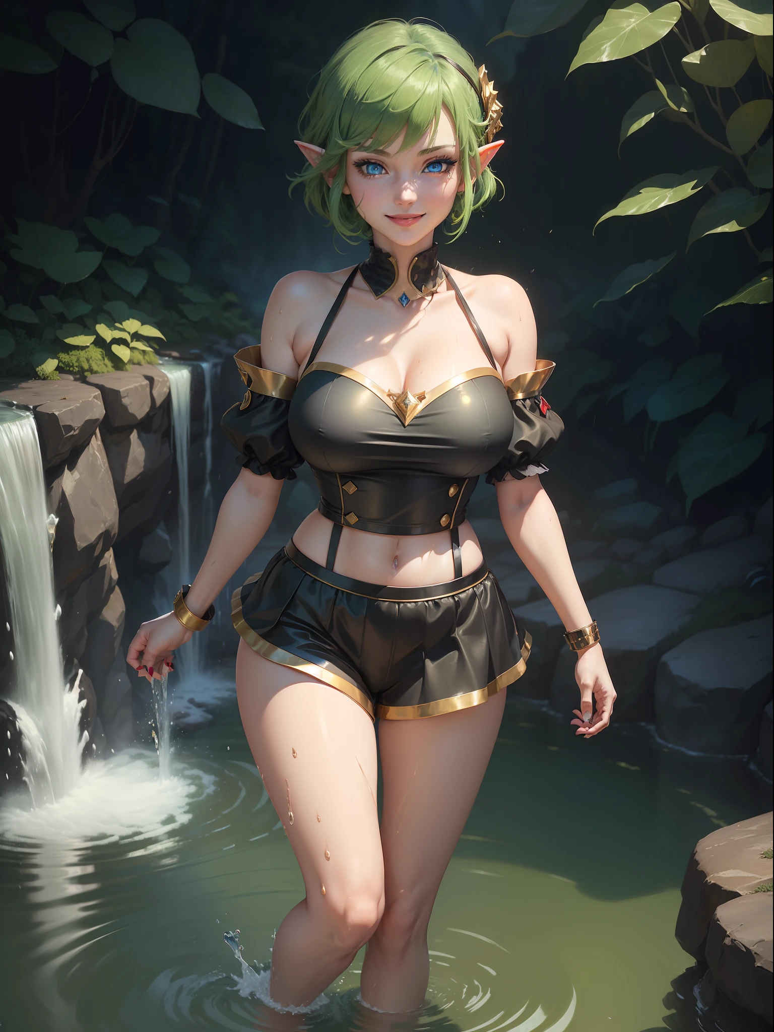 ((full-body photo, feet on the ground, front view)). Princess Zelda, {big breasts, red cheeks, red lipstick on her mouth, looking at the viewer}, {((black outfit with gold trim/maid's outfit with short shorts)}, she's bathing in a waterfall in an open area falling water, clothes and hair soaked. She has {((short green hair, blue eyes, looking at the viewer, smiling)}, anime, anime style, motion blur, 16k, high quality, super detail, textured skin, anatomically correct, masterpiece, masterpiece, masterpiece, UHD, ccurate