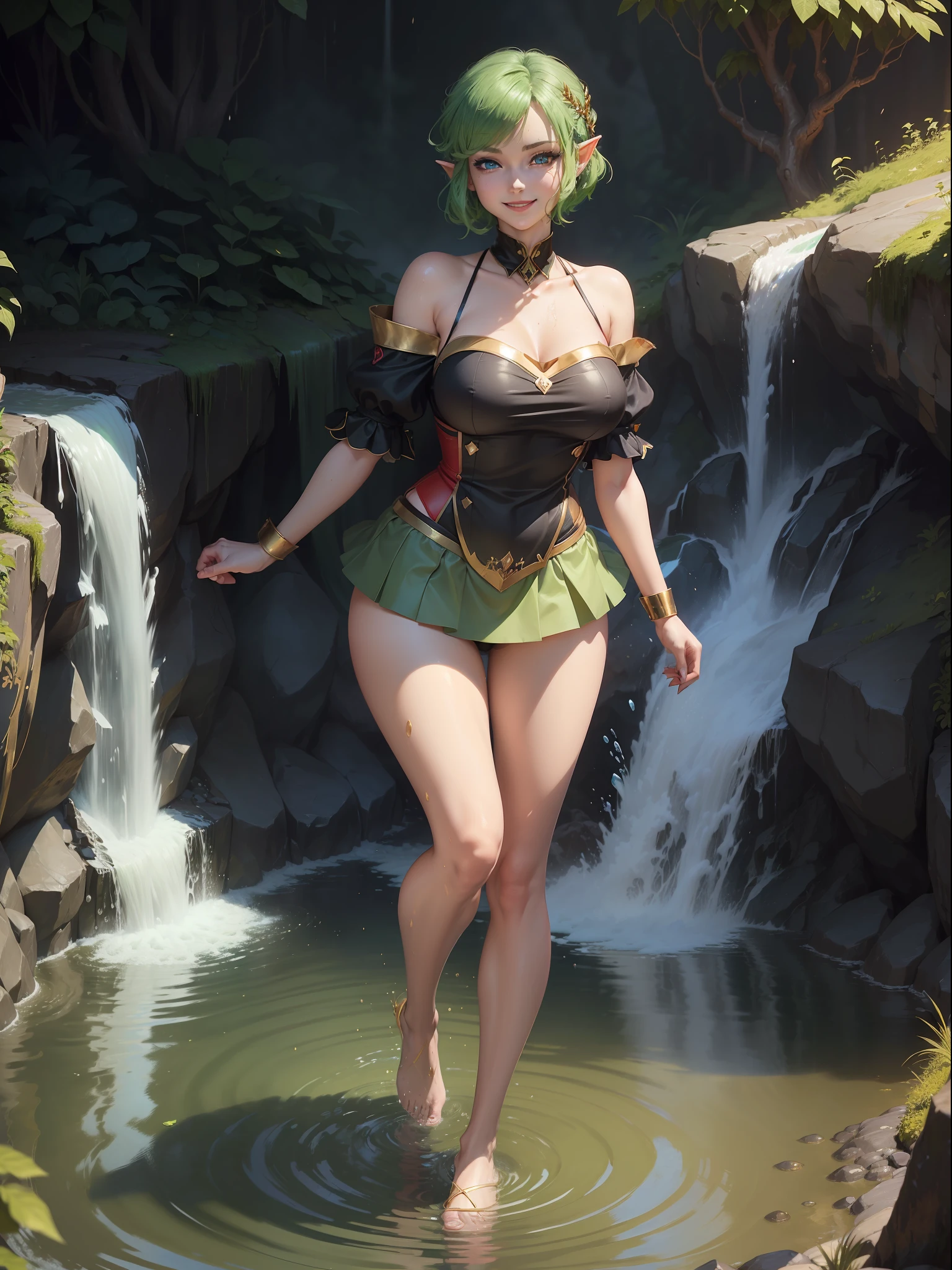 ((full-body photo, feet on the ground, front view)). Princess Zelda, {big breasts, red cheeks, red lipstick on her mouth, looking at the viewer}, {((black outfit with gold trim/maid's outfit with short shorts)}, she's bathing in a waterfall in an open area falling water, clothes and hair soaked. She has {((short green hair, blue eyes, looking at the viewer, smiling)}, anime, anime style, motion blur, 16k, high quality, super detail, textured skin, anatomically correct, masterpiece, masterpiece, masterpiece, UHD, ccurate