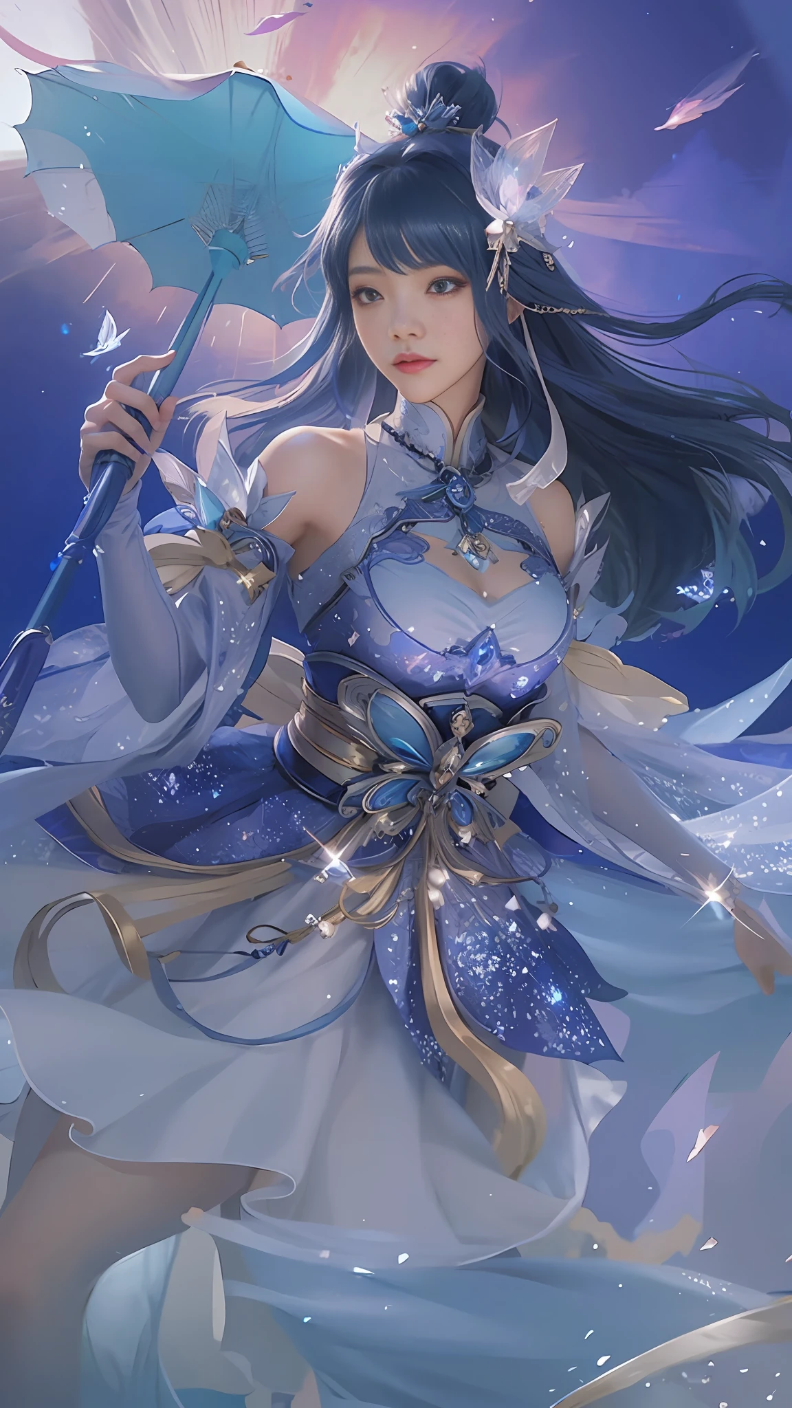 a woman in a blue dress holding a blue umbrella, beautiful celestial mage, anime fantasy illustration, onmyoji detailed art, extremely detailed artgerm, style of artgerm, by Yang J, ! dream artgerm, fantasy art style, anime fantasy artwork, a beautiful fantasy empress, ((a beautiful fantasy empress)), astral fairy, style artgerm