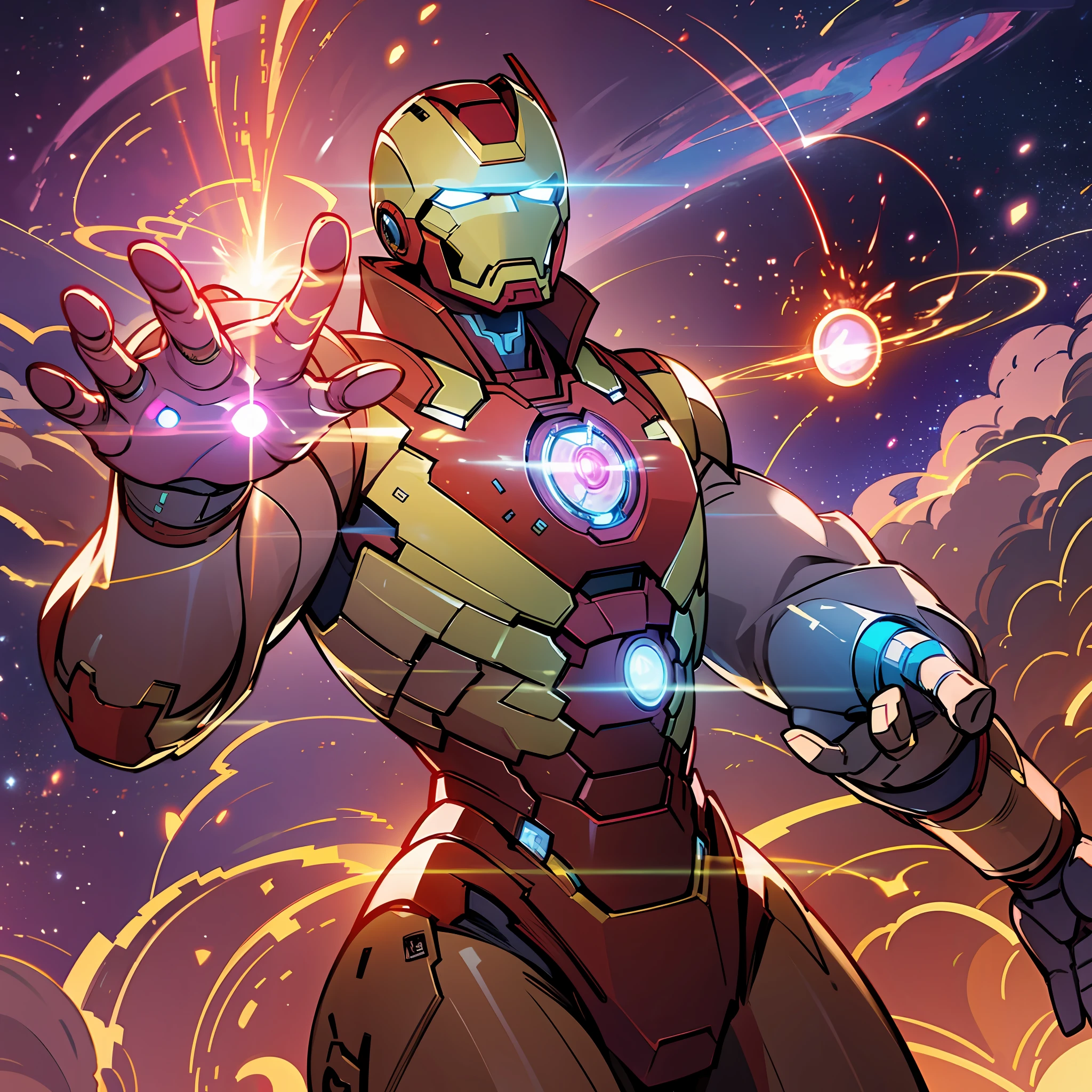 "Iron Man using all the infinity gems, epic scenery, dramatic lighting, stunning particle effects, cosmic aura, ultra-detailed details, amazing CG quality in 8k."