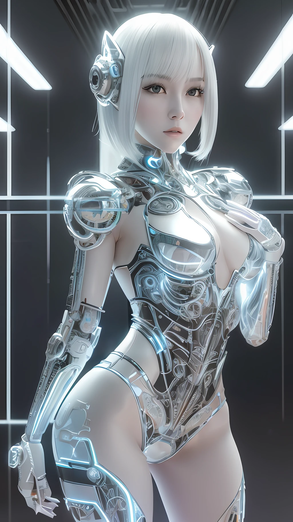 Character Sheet, complex 3d render ultra detailed of a beautiful Japanese girl android cyborg, robotic parts, beautiful studio soft light, rim light, vibrant details, luxurious cyberpunk, android body made of organic flowing white and silver transparent glass and plastic, silver metal internal body mechanisms, dynamic pose, flowing organic components, detailed engraving, lacework designs, glowing golden circuitry, art by H.R. Giger, Greg Rutowski