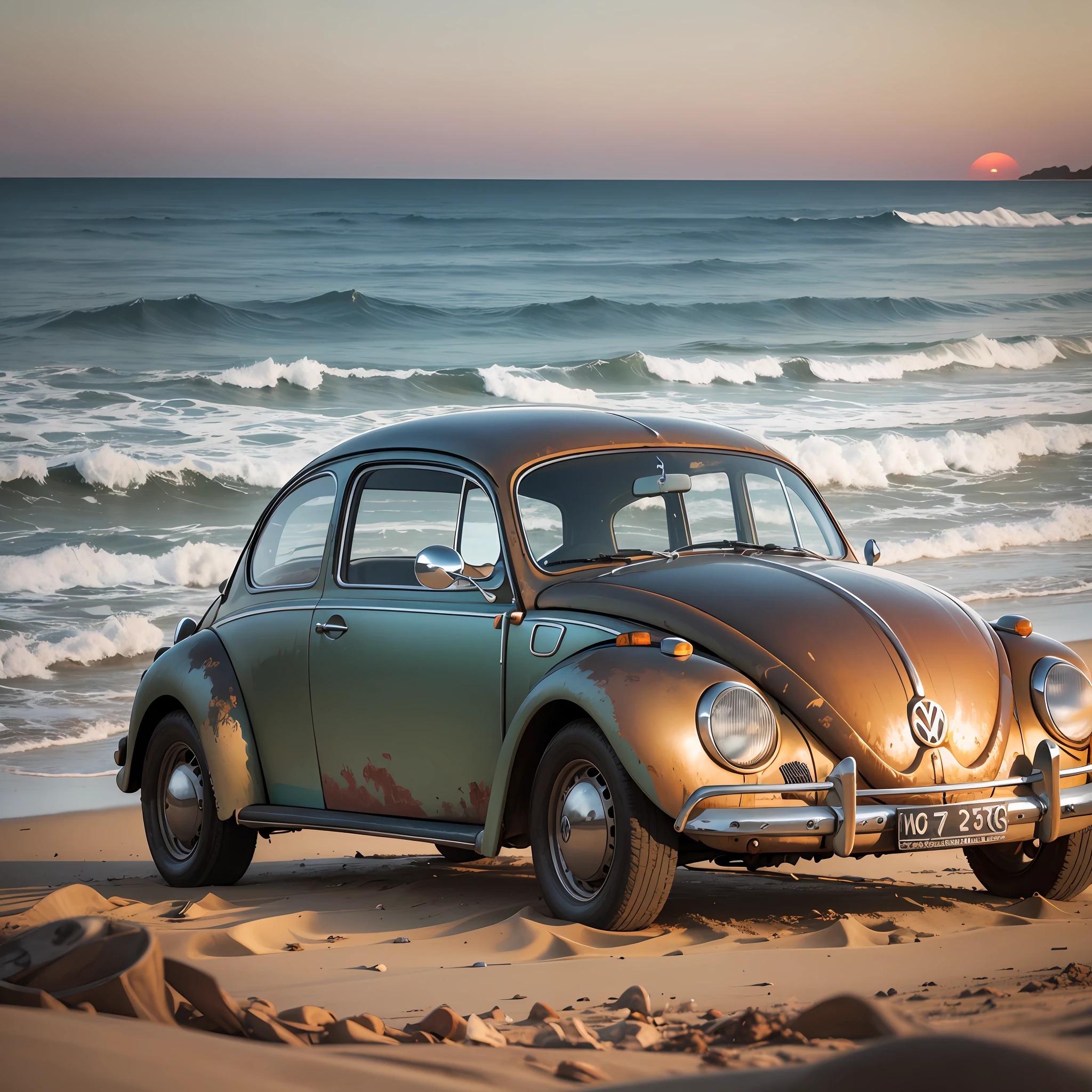 "a scene of an old Volkswagen Beetle car, full of rust and character, parked on a sandy beach surrounded by waves and seagulls, capturing the nostalgic vibe of a beautiful sunset on the coastline" --auto --s2