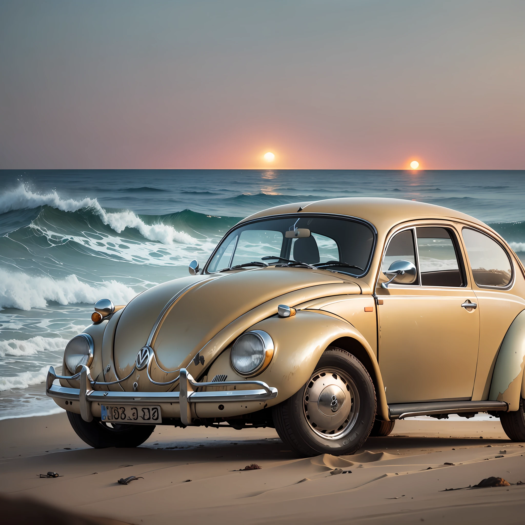 "a scene of an old Volkswagen Beetle car, full of rust and character, parked on a sandy beach surrounded by waves and seagulls, capturing the nostalgic vibe of a beautiful sunset on the coastline" --auto --s2