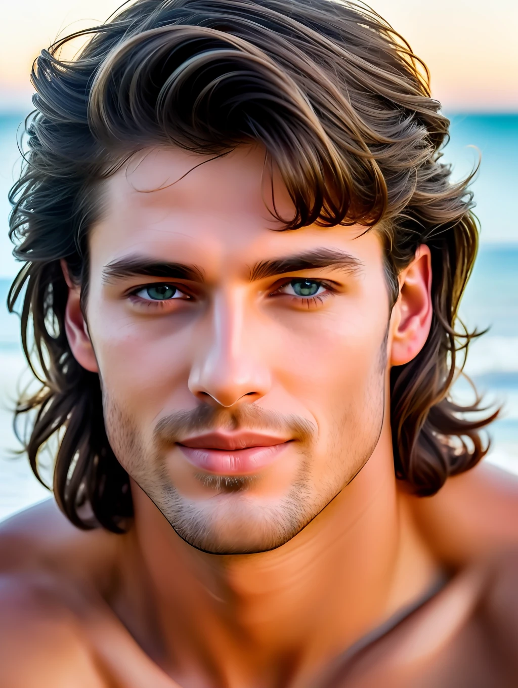 Cinematic soft lighting illuminates a stunningly detailed and ultra-realistic handsome Greek male supermodel, beach look, ultra short messy light brown hair, clear blue eyes, captivating perfect smile, sensual, hot man, insanely handsome, that is trending on ArtStation. Octane is the perfect tool to capture the softest details of this 16k photography masterpiece.