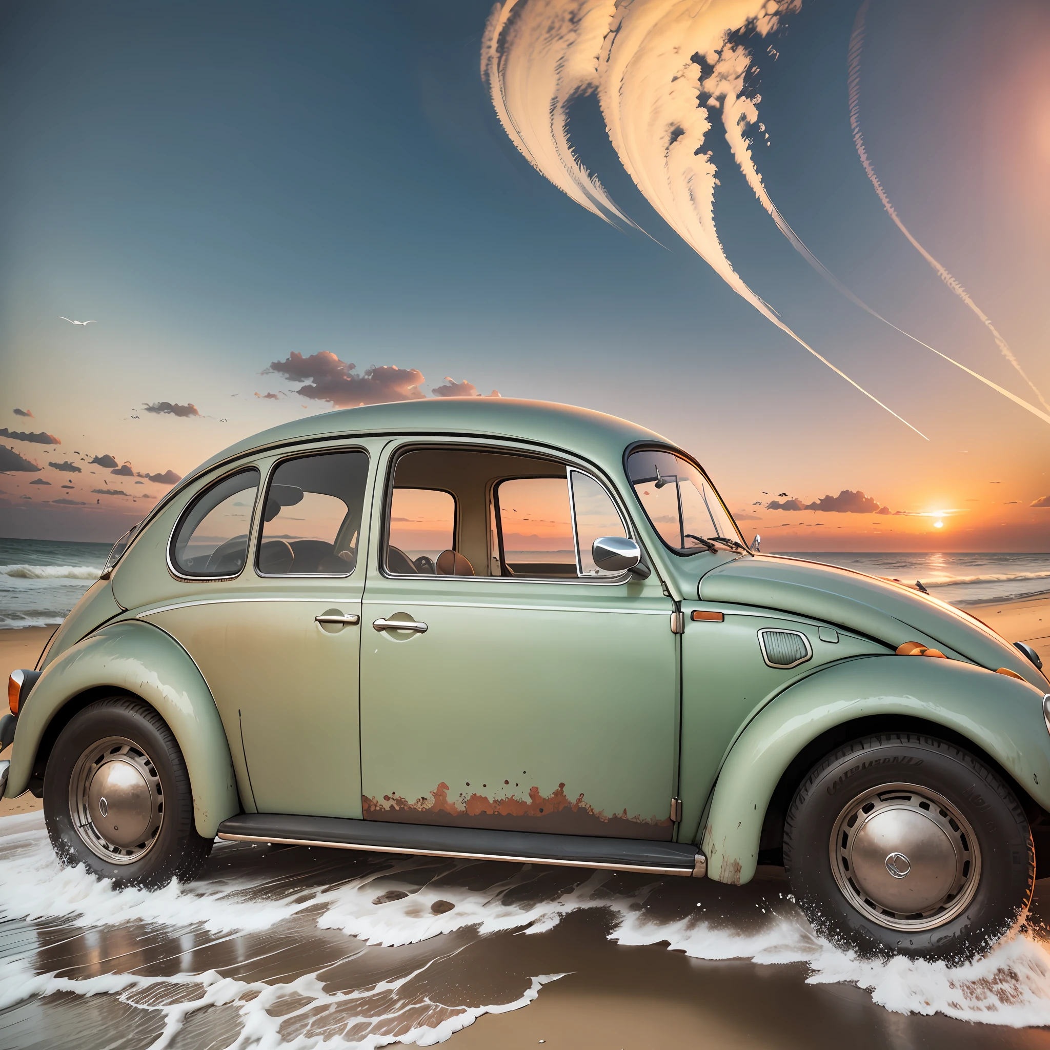 "a scene of an old Volkswagen Beetle car, full of rust and character, parked on a sandy beach surrounded by waves and seagulls, capturing the nostalgic vibe of a beautiful sunset on the coastline" --auto --s2
