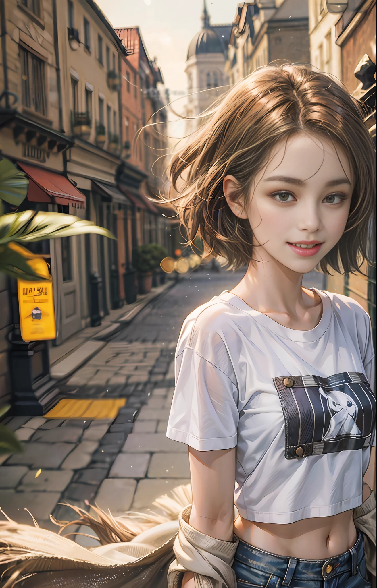 Best quality, 4k quality, 1girl, blurred background, super high detail, bust shot, short brown hair fluttering in the wind, brown eyes, DSLR camera, smile, very beautiful, perfect figure, close-up, deep view, background blur, t-shirt