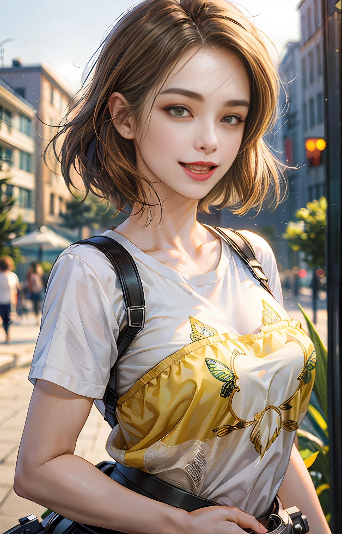 Best quality, 4k quality, 1girl, blurred background, super high detail, bust shot, short brown hair fluttering in the wind, DSLR camera, smile healing, very beautiful, perfect figure, close-up, deep view, background blur, t-shirt
