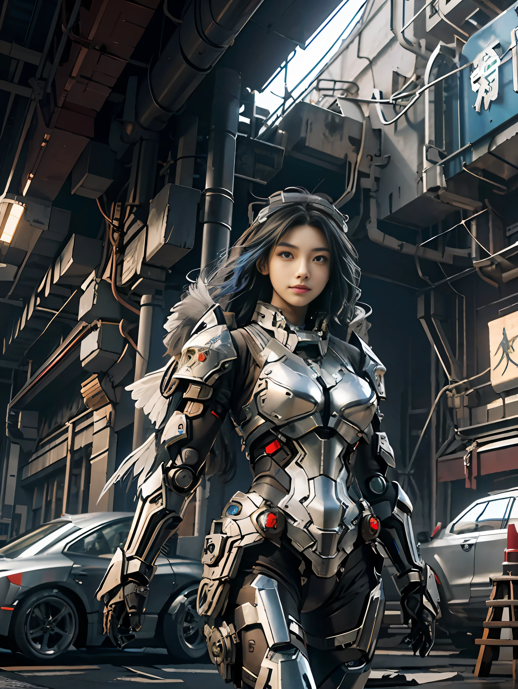 Masterpiece, (Best Quality), Highly Detailed, Ultra Detailed, 1 Girl, (Mechanical Wings: Red, Glowing Eyes: Blue, Silver Armor: 1.2, Elongated Ears: 0.8), (Cyberpunk: 1.5, Weapon: Energy Blade), (Fantasy Landscape: 1.2, Natural Daylight: 1.5, Confident Expression), (Panorama: 1.2), Mecha, Smile, Angle, Angel, Wings,